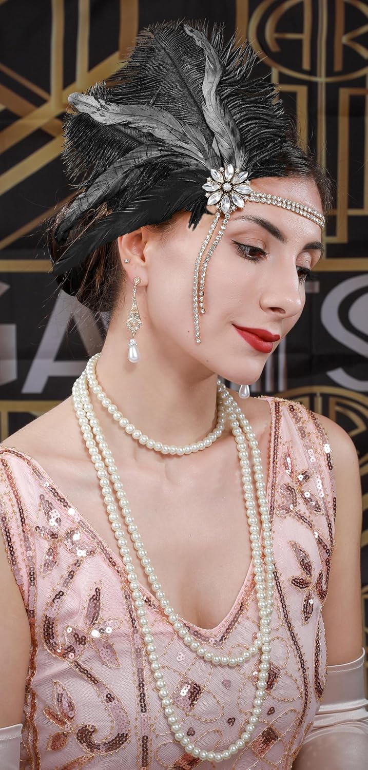 Cizoe Flapper Accessories for Women,20s Great Gatsby Accessory Set 1920s Headpiece Flapper Headband Gloves Necklace - Image 2