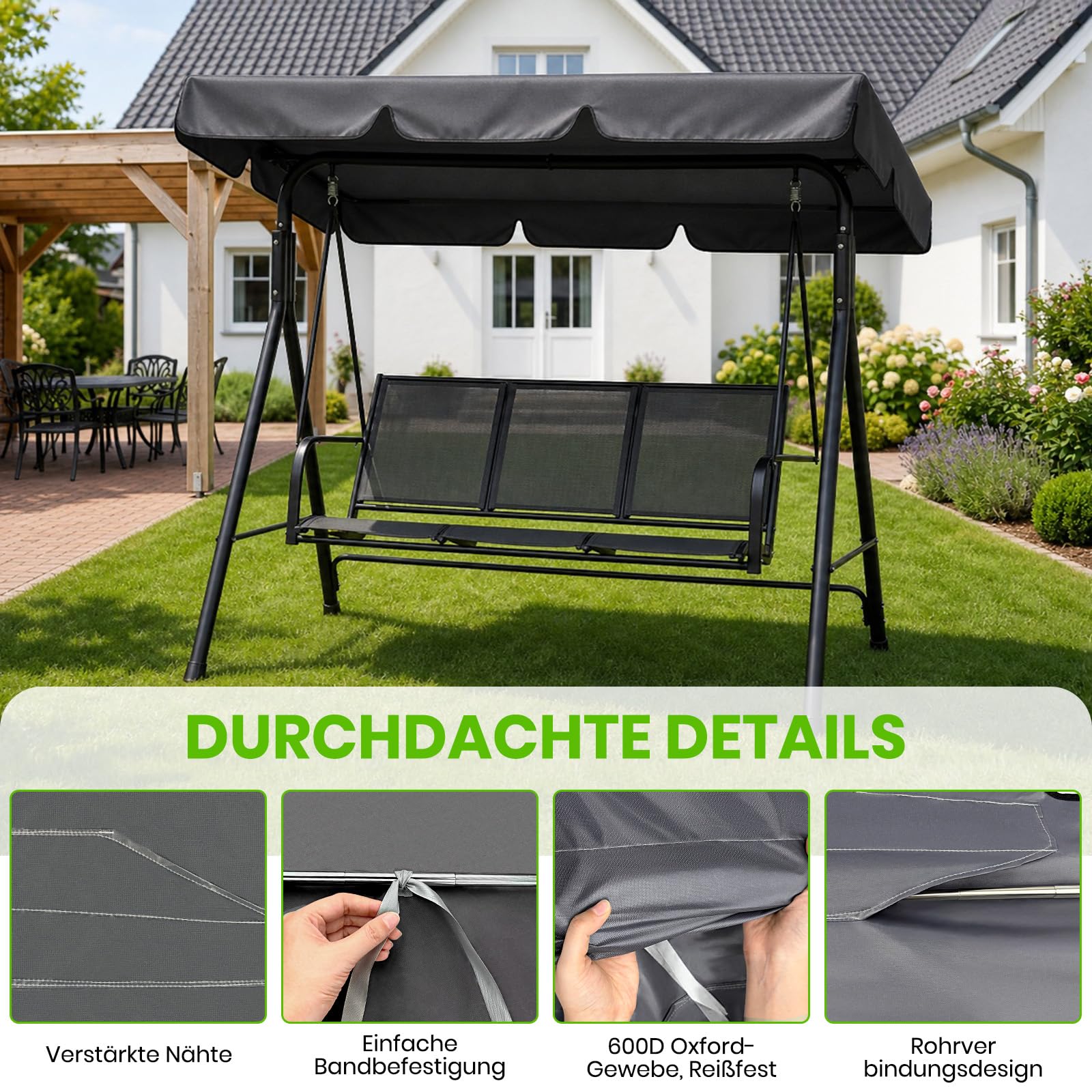 Hollywoodschaukel Dachbezug 3 Sitzer UV-Schutz Wasserdicht，200x120cm | Für Garten & Terrasse, Outdoor geeignet, Für Balkon, Schaukel Ersatzteil, Wetterfest, Reißfest