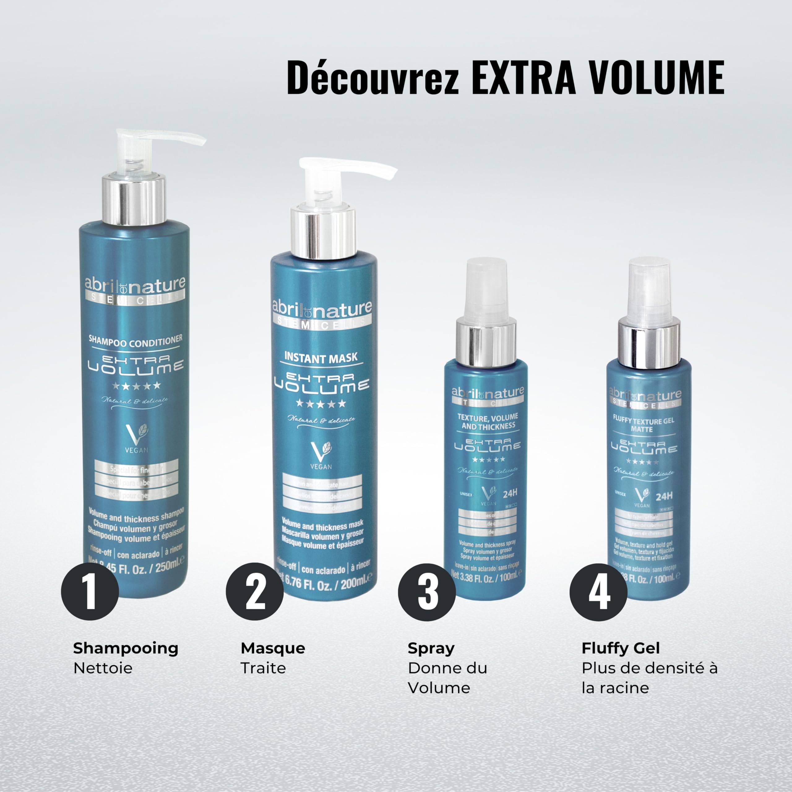 abril et nature - Bain Shampoo Extra Volume - Shampoing Hydratant - 1000 ml - Pour Cheveux Fins et Très Fins - Soin des Cheveux aux Cellules Souches - Produit Végan - Booster de Volume