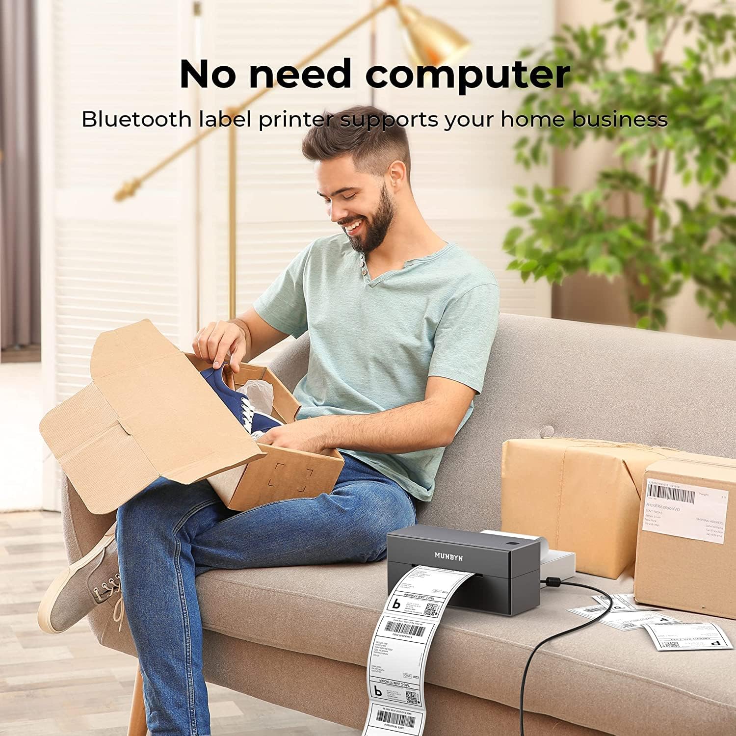 MUNBYN Bluetooth Etikettendrucker, Label Drucker 4x6, DHL Versandetiketten Drucker, Label Printer für Ebay, Etsy, Shopify, UPS, Bluetooth für iOS, Android, USB für Mac, Windows, Chromebook, 129, Grau
