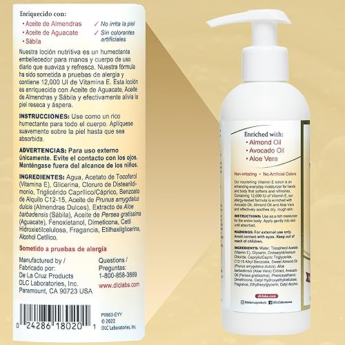 Miniatura 6 de De La Cruz Loción de vitamina E para piel seca 12,000 UI con aceite de aguacate, aceite de almendras y aloe vera. Crema hidratante de vitamina e,