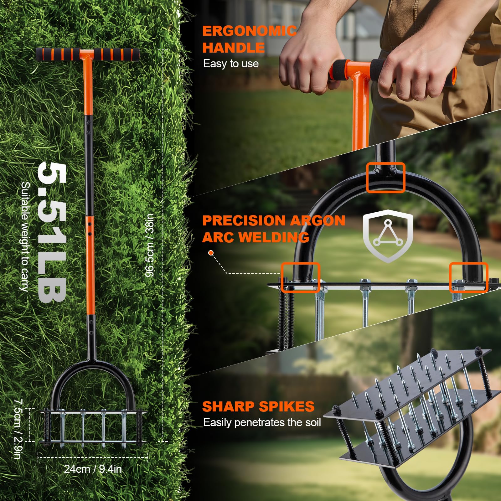 Bluesea Rasenbelüfter Werkzeug - 16 Eisen-Spikes mit ergonomischem T-Griff, automatische Schmutzreinigung für Bodenlockerung & Hofbelüftung, manueller Metall-Grasbelüfter (Orange)