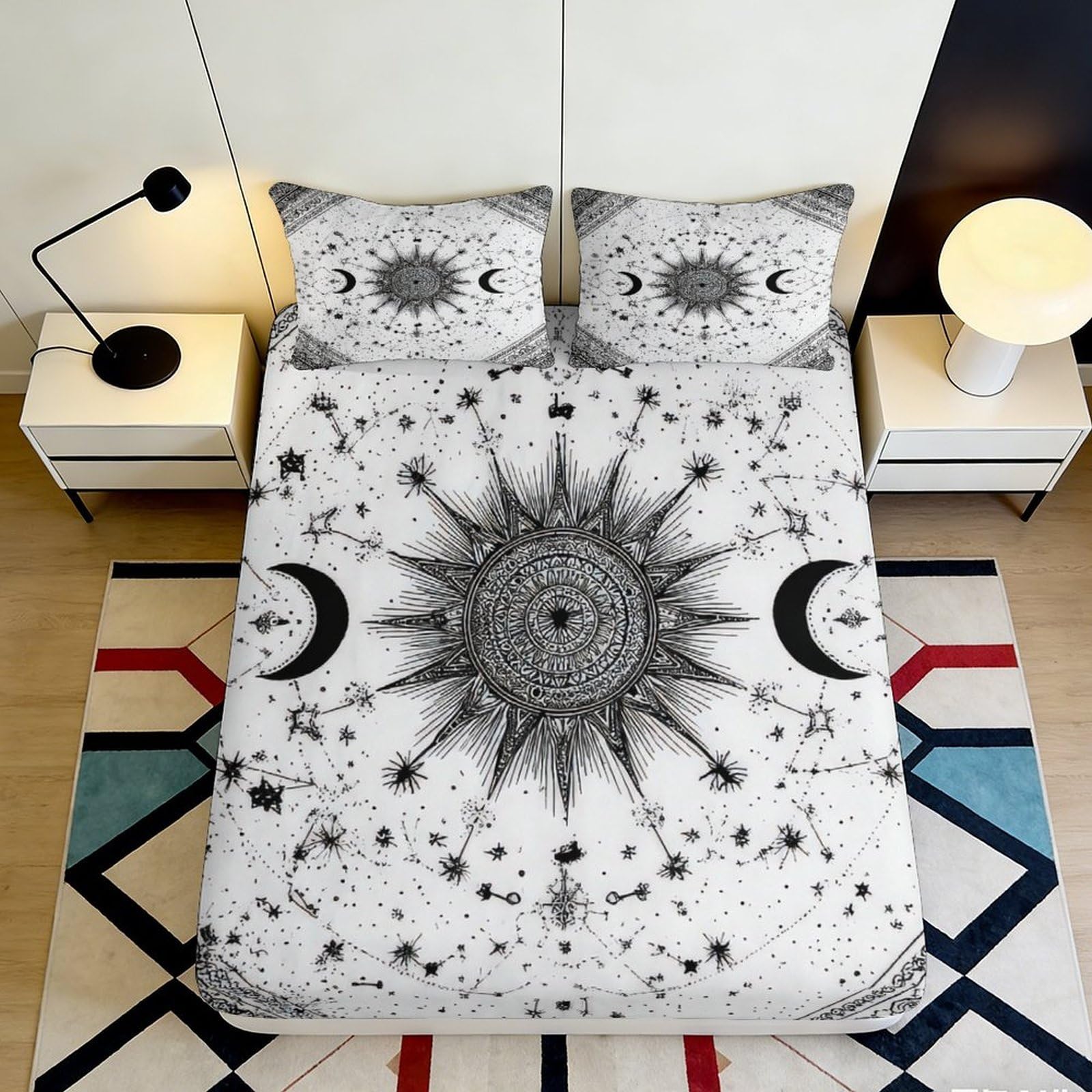 3D Printed Celestial Sun and Moon Fitted Sheet Microfiber Soft Breathable Star Constellation Bed Cover for Bedroom Dormitory Guest Room Mattress Protection 120x200x25cm