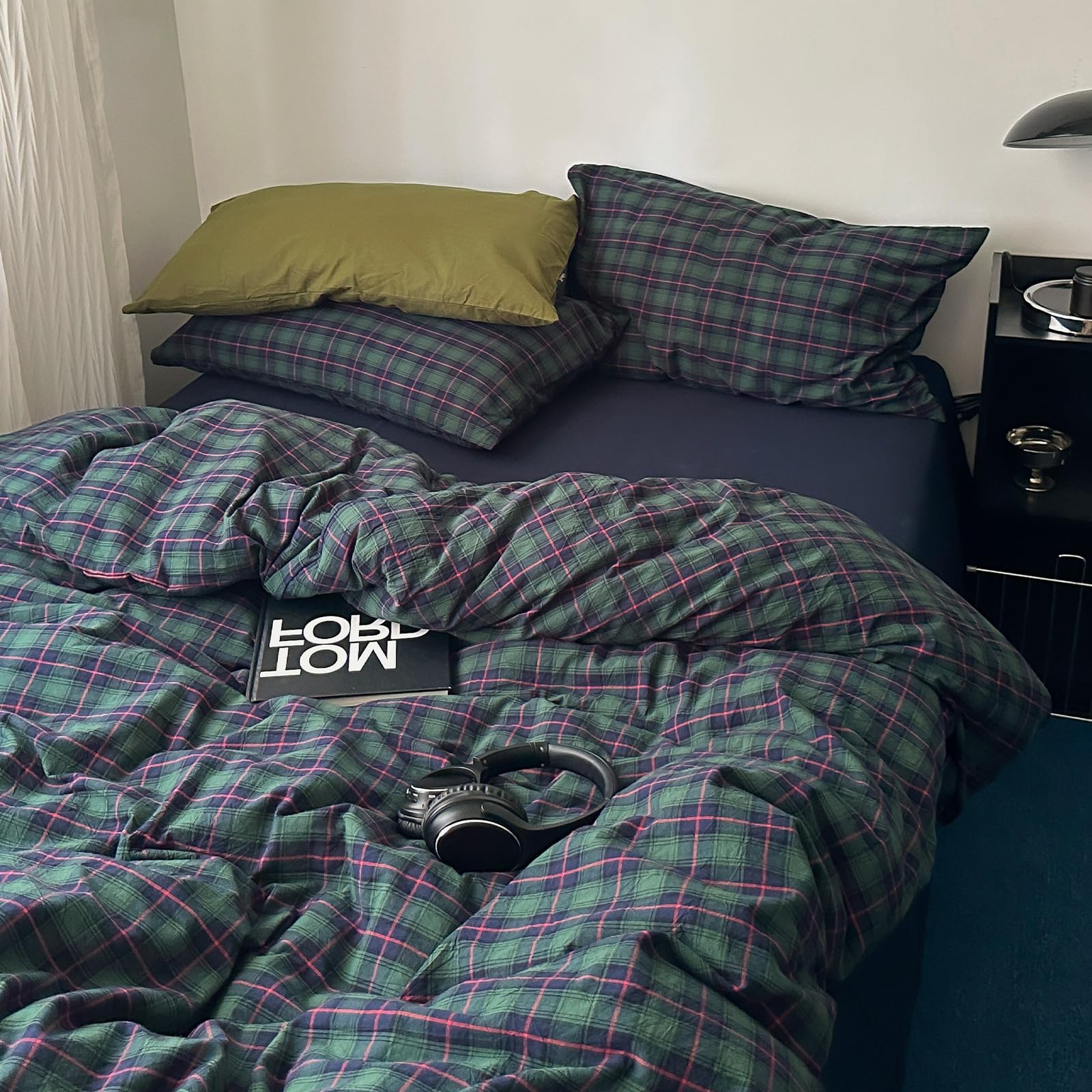 Plaid Duvet Cover Set Washed Cotton,King(104"x90"),Green/Navy/Pink