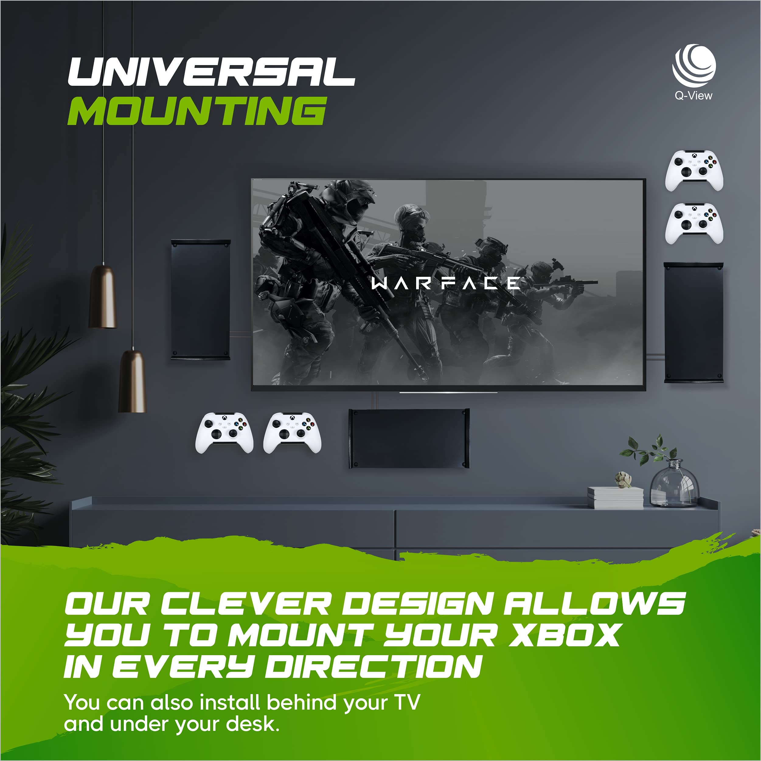 Q-View Q-View - Supporto da parete per Xbox Series X, con clip e controller da parete, design Signature X, prodotto nel Regno Unito, colore: nero