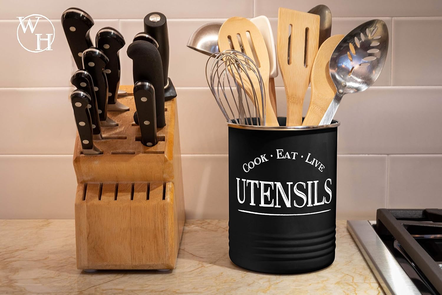 Walford Home Original Kitchen Utensil Holder Crock, Black With Premium Padded Base - Vintage Farmhouse Home Kitchen Decor - Large Kitchen Tool Utensil Storage Caddy Organizer : Home & Kitchen