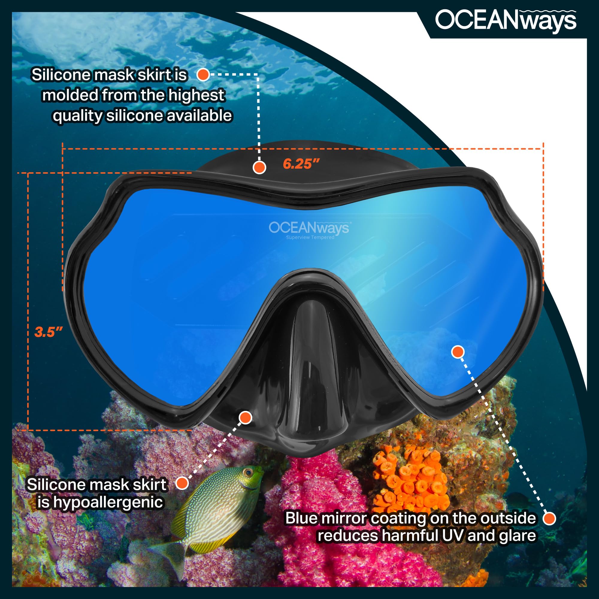 Oceanways Superview-SL TrueColor w/Anti-Fog Scuba/Spearfishing Dive Mask (OM836BKSFF)
