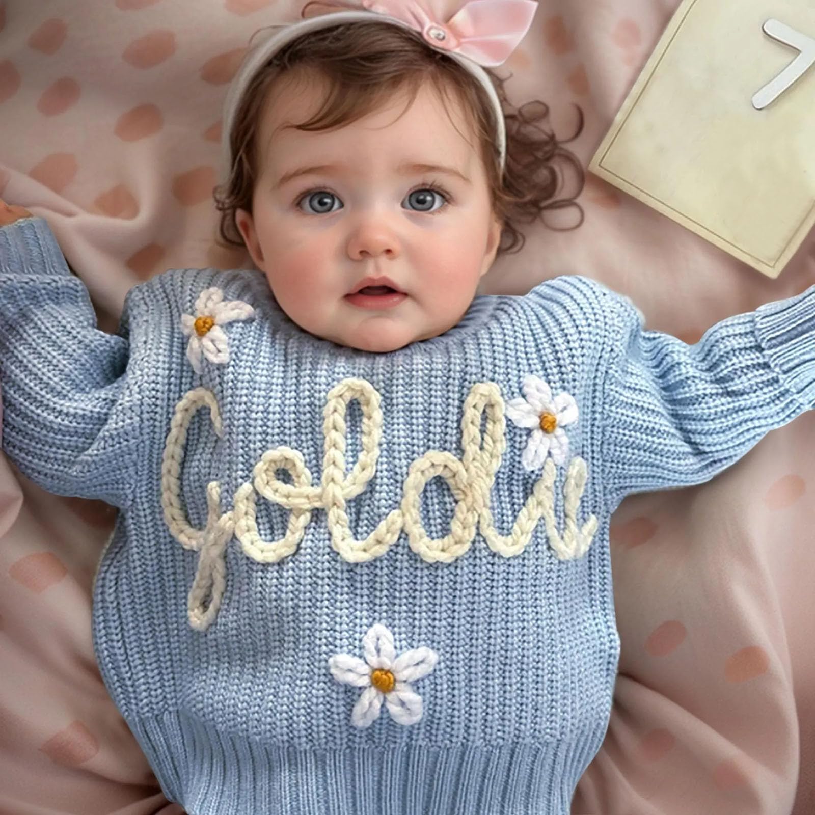 Generisch Handgefertigter Strickpullover Kinder, Pullover Selbst Gestalten mit Gesticktem Namen, Custom Sweater Langarm Rundhalspullover Personalisierte Pulli für Baby, Mädchen, Jungen 0-8 Jahre