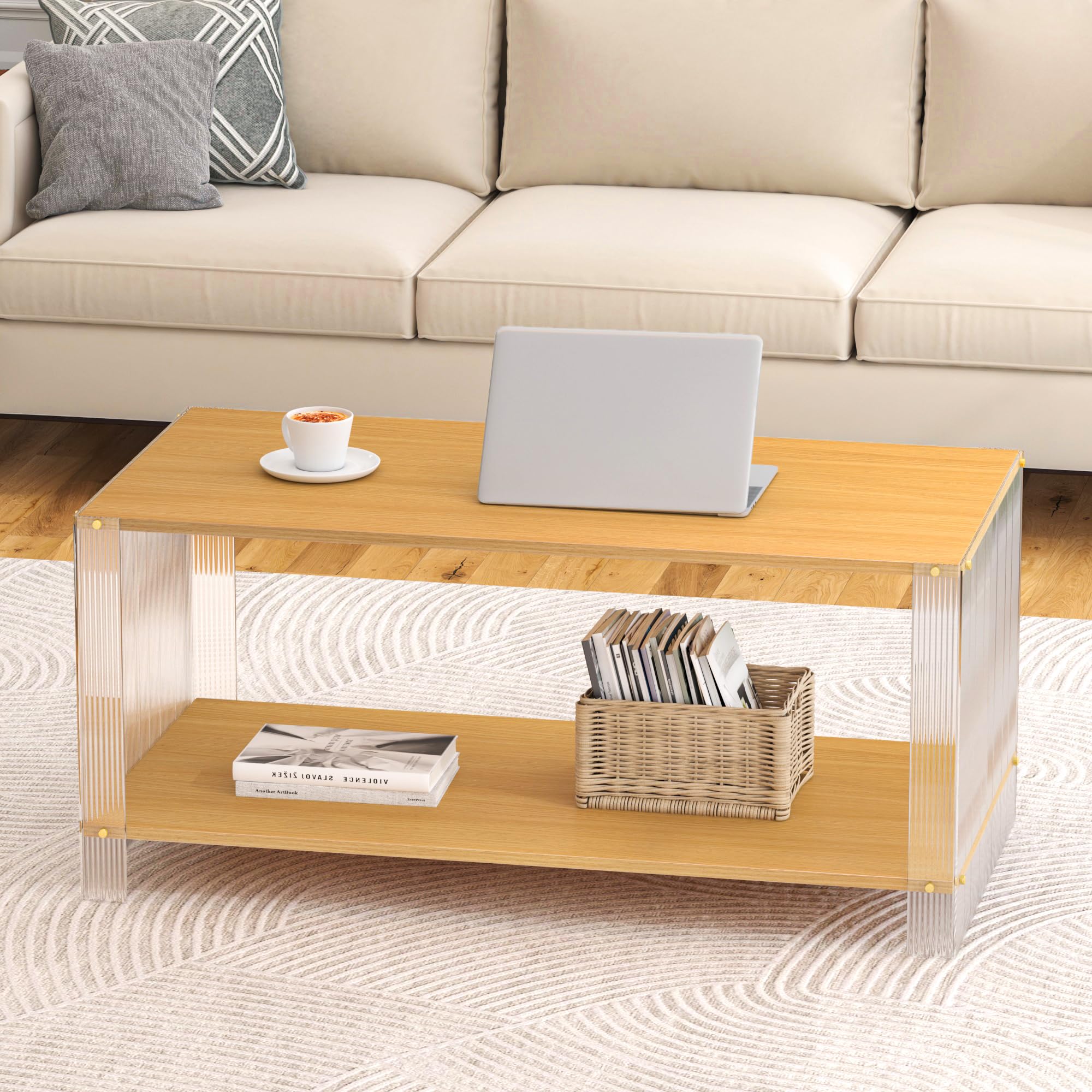 2-Tier Acrylic Coffee Table Modern, 40” Small Wooden Coffee Table with Storage Shelf & Acrylic Frame, Boho Accent Center Table for Living Room Small Spaces, Natural