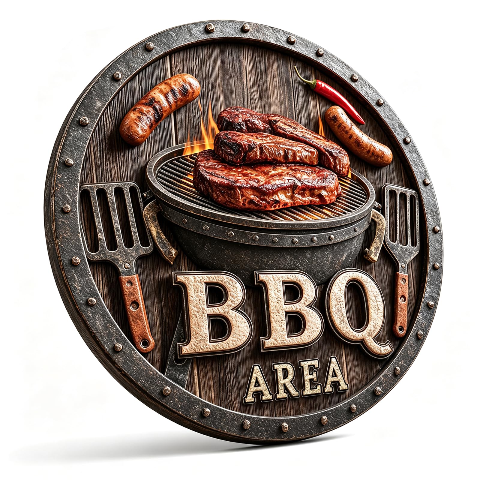 BBQ Area Metal Sign for Outside, 8x8 Inch Round Aluminum Wall Art Decor, Retro Vintage Bar Signs for Home Bar Patio Backyard, Funny Outdoor Kitchen Accessories and Fathers Day BBQ