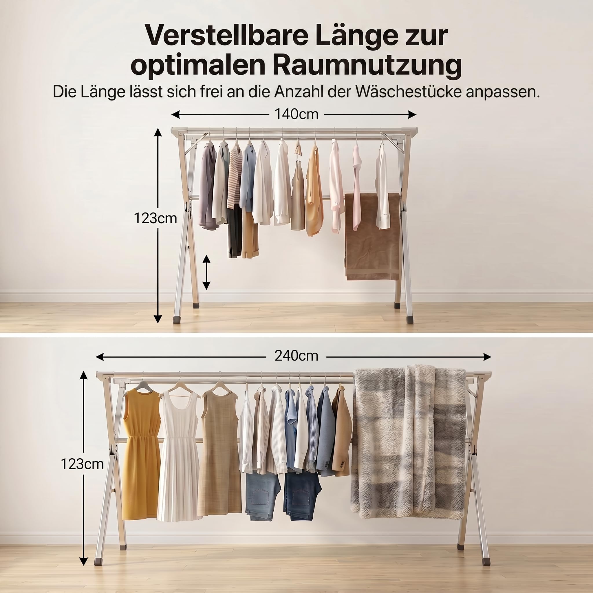 Wäscheständer, faltbar, Edelstahl, Typ Tancarville, Wäscheständer für drinnen und draußen, verstellbarer Wäscheständer 140 – 240 cm, 60 kg pro Stange, mit 40 Haken, winddicht