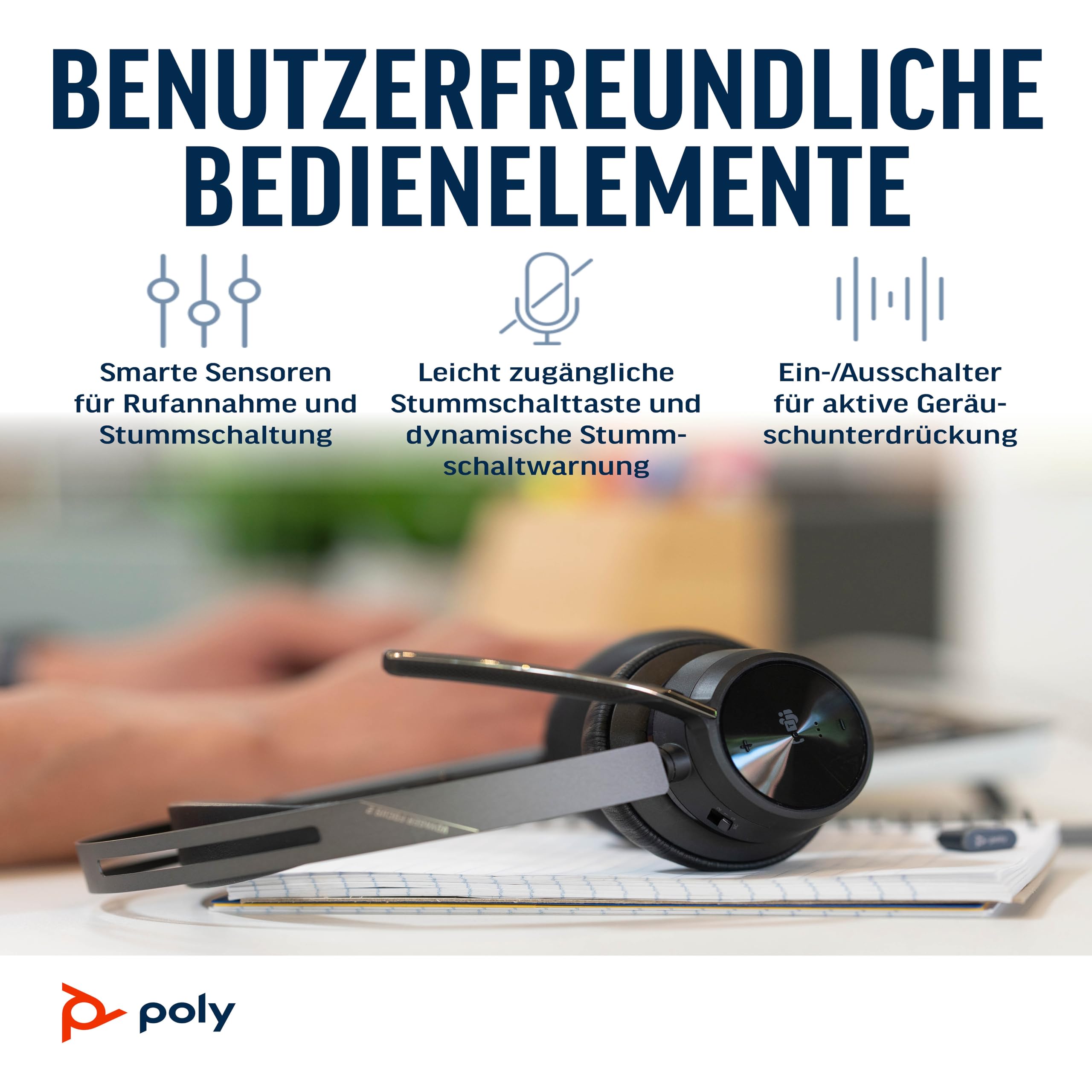 Poly Voyager Focus 2 UC schnurloses Headset mit Mikrofon & Ladestation – Active Noise Cancelling (ANC) – Verbindung mit PC/Mac/Mobiltelefon über Bluetooth – Kompatibel mit Teams (zertifiziert), Zoom