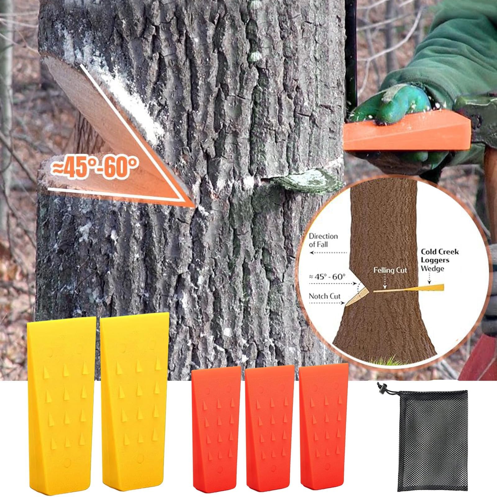 Kit de Cale d'Abattage 5 Pièces (2x8 Pouces + 3x6 Pouces) - Cales Forestières en Plastique Antidérapante avec Crans, Résistantes au Gel, INCL. Filet de Transport, Cales pour Abattage Sécuris