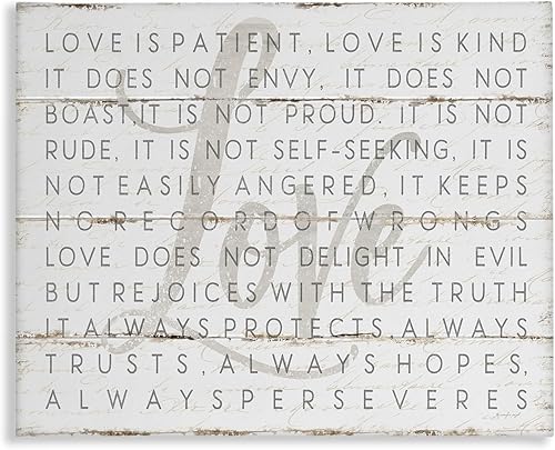 Stupell Industries Love Is Patient - Lienzo decorativo para pared, diseño de tablones gris sobre blanco, diseñado por Jennifer Pugh, 20 x 16 pulgadas