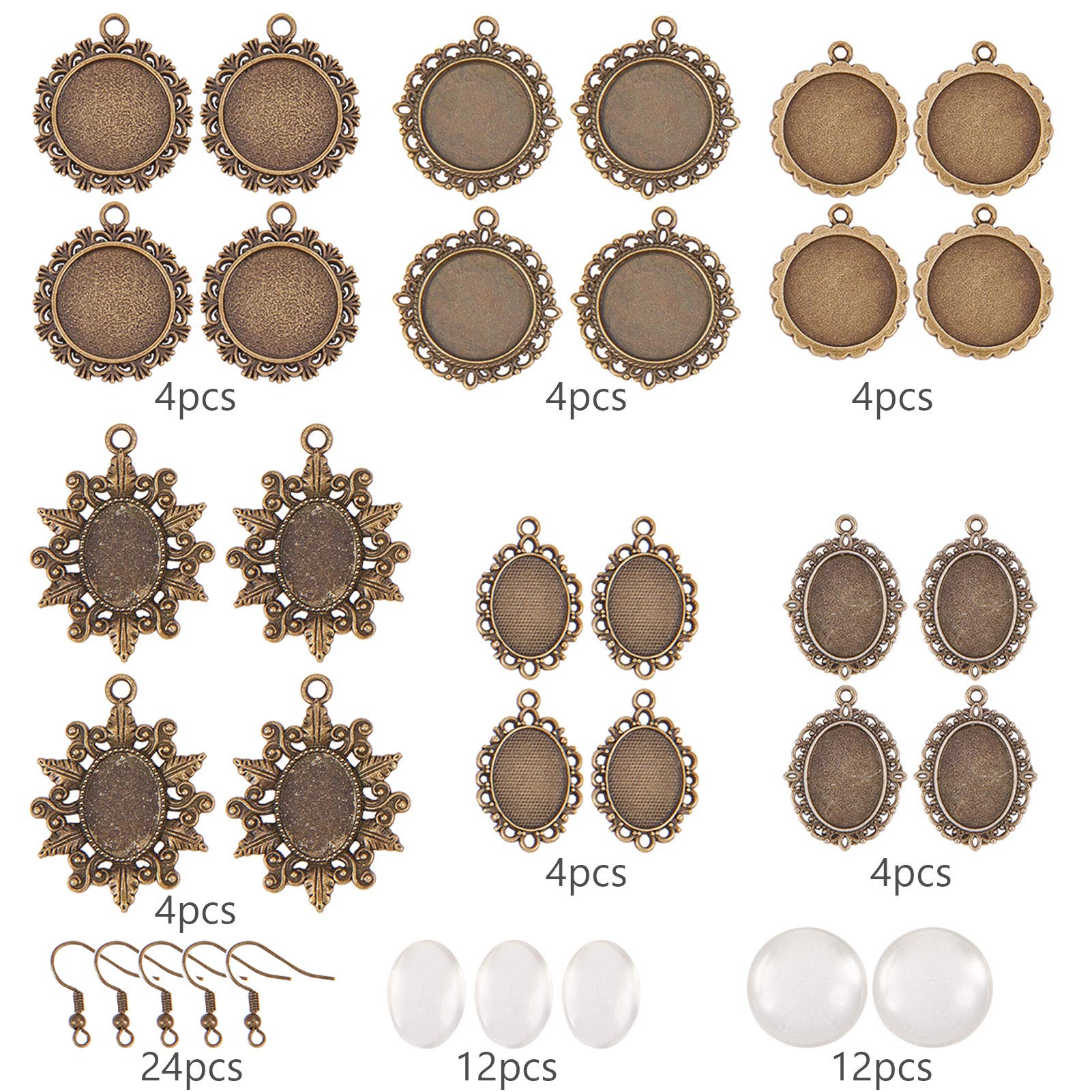 SUNNYCLUE 1 Box 72Pcs DIY 12 Pairs 6 Style Dangle Cabochon Earrings Making Starter Kits Include Earring Wire Hooks, Cabochon Settings, Round Oval Glass Dome Tiles, Antique Bronze