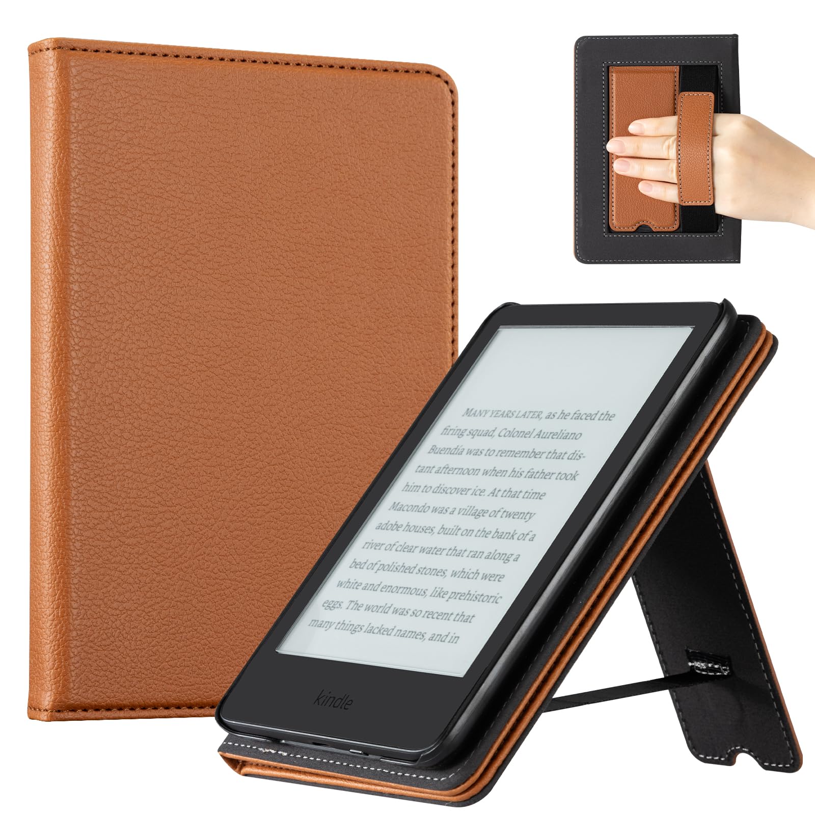 CoBak Case for 6" E-Reader - PU Leather Smart Cover with Auto Sleep/Wake &amp; Hand Strap, not Compatible with Kobo Clara,Lychee Brown