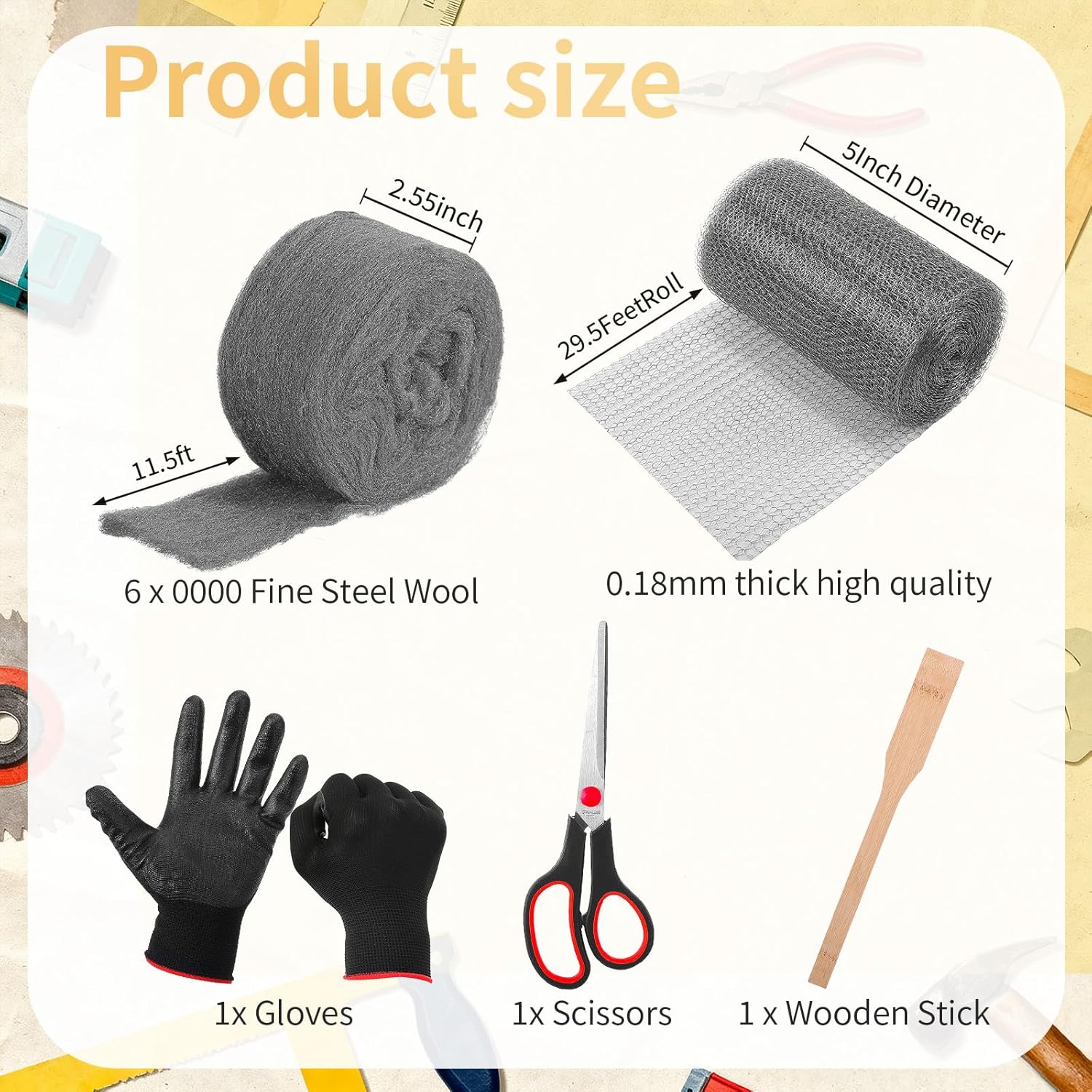 Steel Wool for Mice Control Mesh Rodent Control Kit 1 Pack Rustproof Mesh Roll and 0000 Steel Wool Mouse Hole Filler with Gloves, Scissors for House Garden Home Garage(5in X 29.5ft)