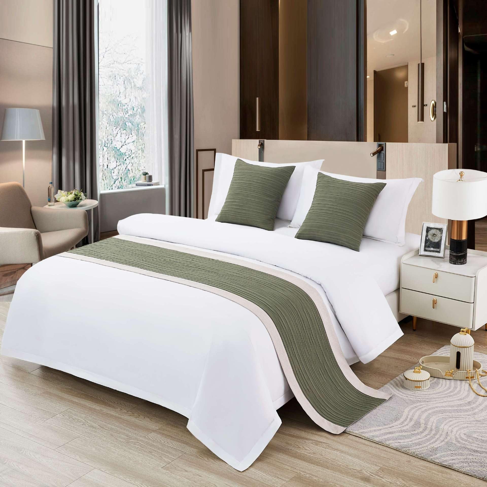VNVFJKLO bed runner, Bed Scarf Runners Solid Scarves Cotton Linen Splicing Bedspread Bedding Towl Decor Protection For Hotel Guesthouse Resorts Bedroom(Green,50 * 260cm for 200cm Bed)