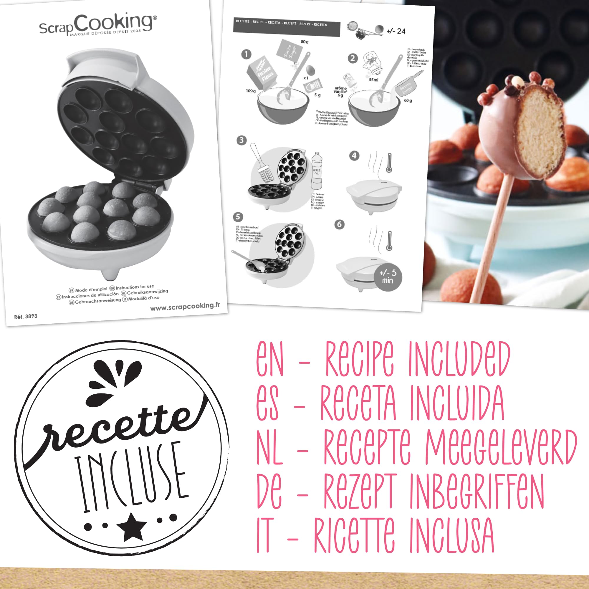 ScrapCooking - Machine à Cakepops - Appareil Cake Pops Factory - Prêts en 5 Minutes - Cadeau Pâtisserie Cuisine Goûter - Recette Incluse - 3893, Blanc