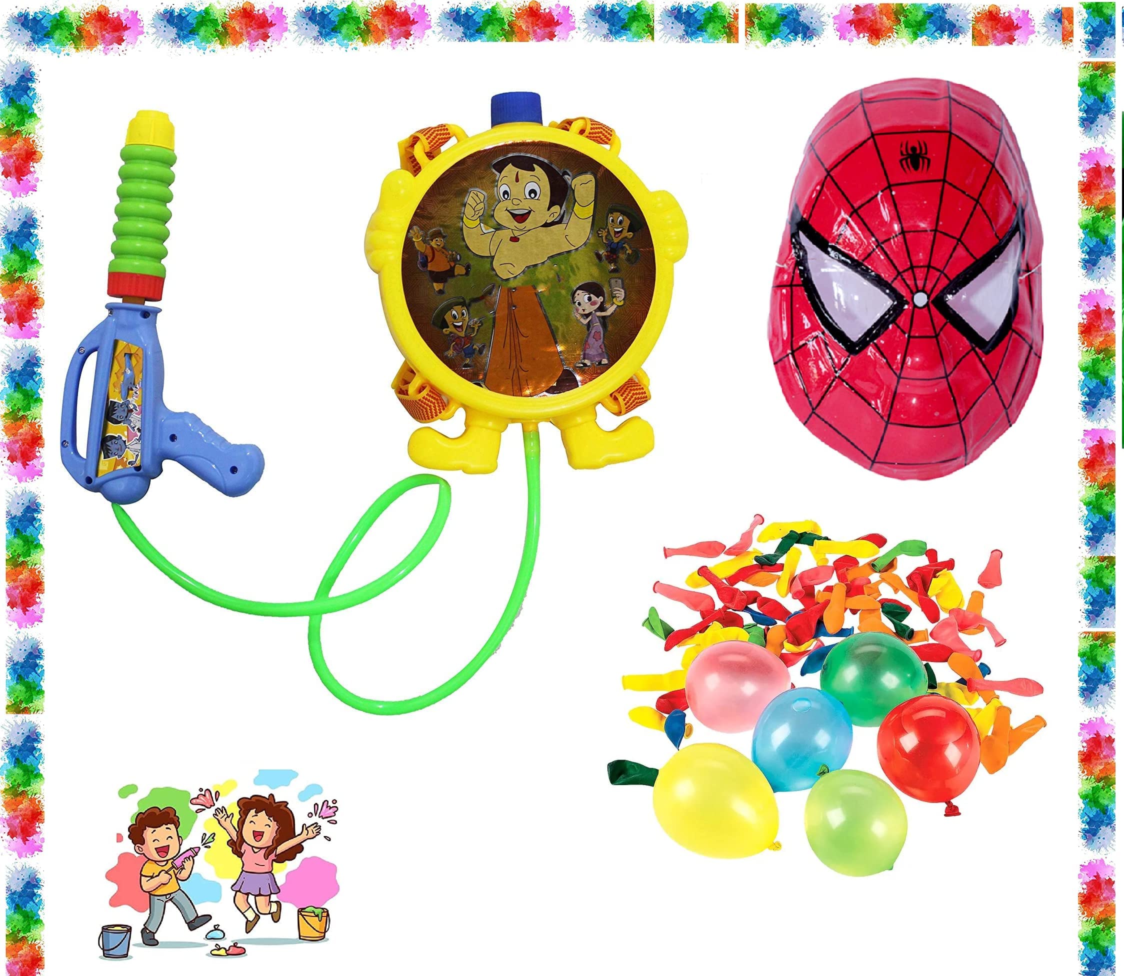 Glan Pichkari Water Gun Toys for Kids Boys Girls with Festival Gift Toy Item with Balloons Combo (Cartoon Mask)