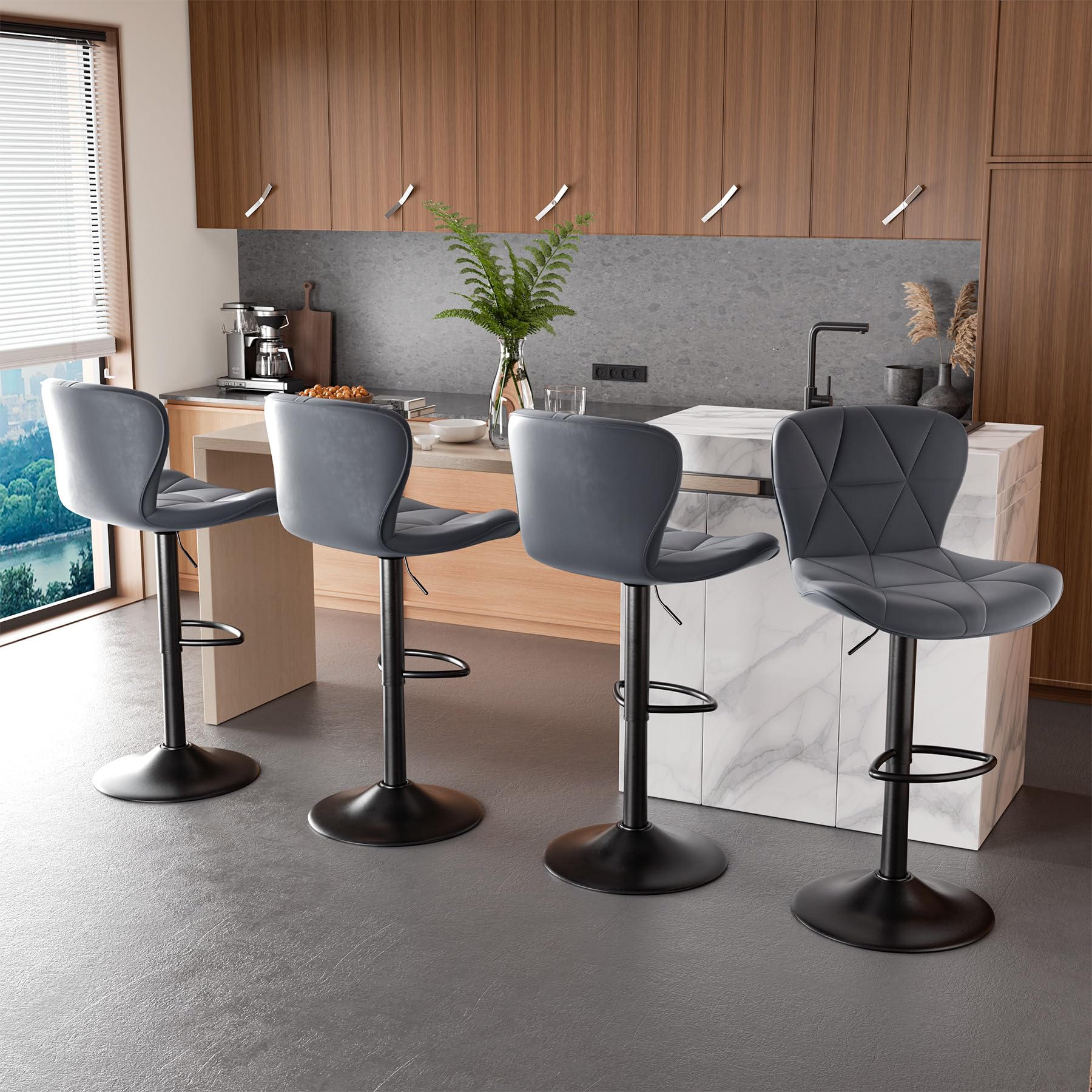 Hawthyhome Taburetes de Bar Juego de 2 | con Respaldo, Altura Regulable, Giro 360°, Cuero sintético, para Comedor, Bar en casa o Isla de Cocina, Color Gris Oscuro