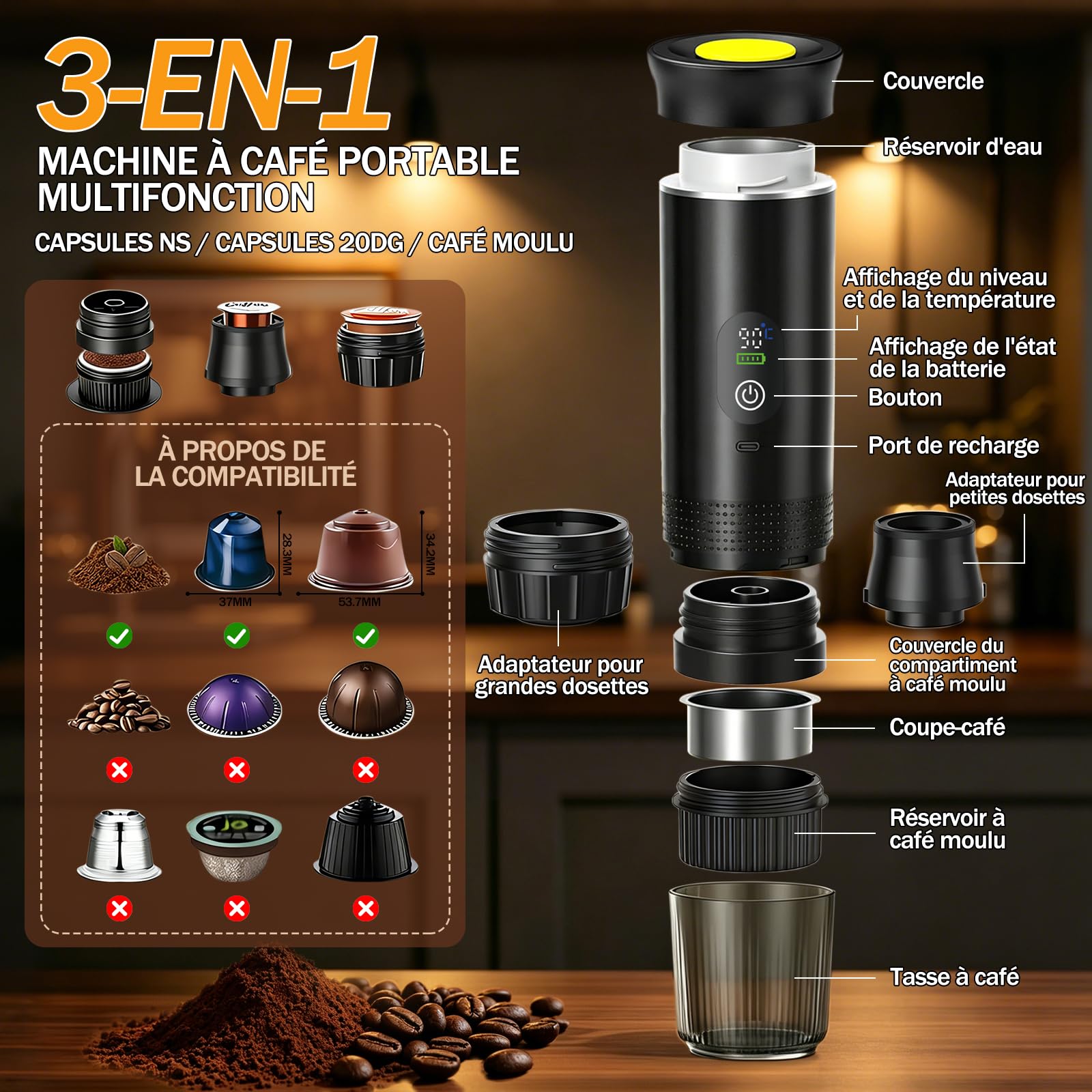Máquina de café portátil de viaje, para acampar, oficina, casa, coche | 3 en 1 cafetera portátil calefacción rápida USB-C 20 bar hasta 18 g café molido cápsulas NS Gift-giving