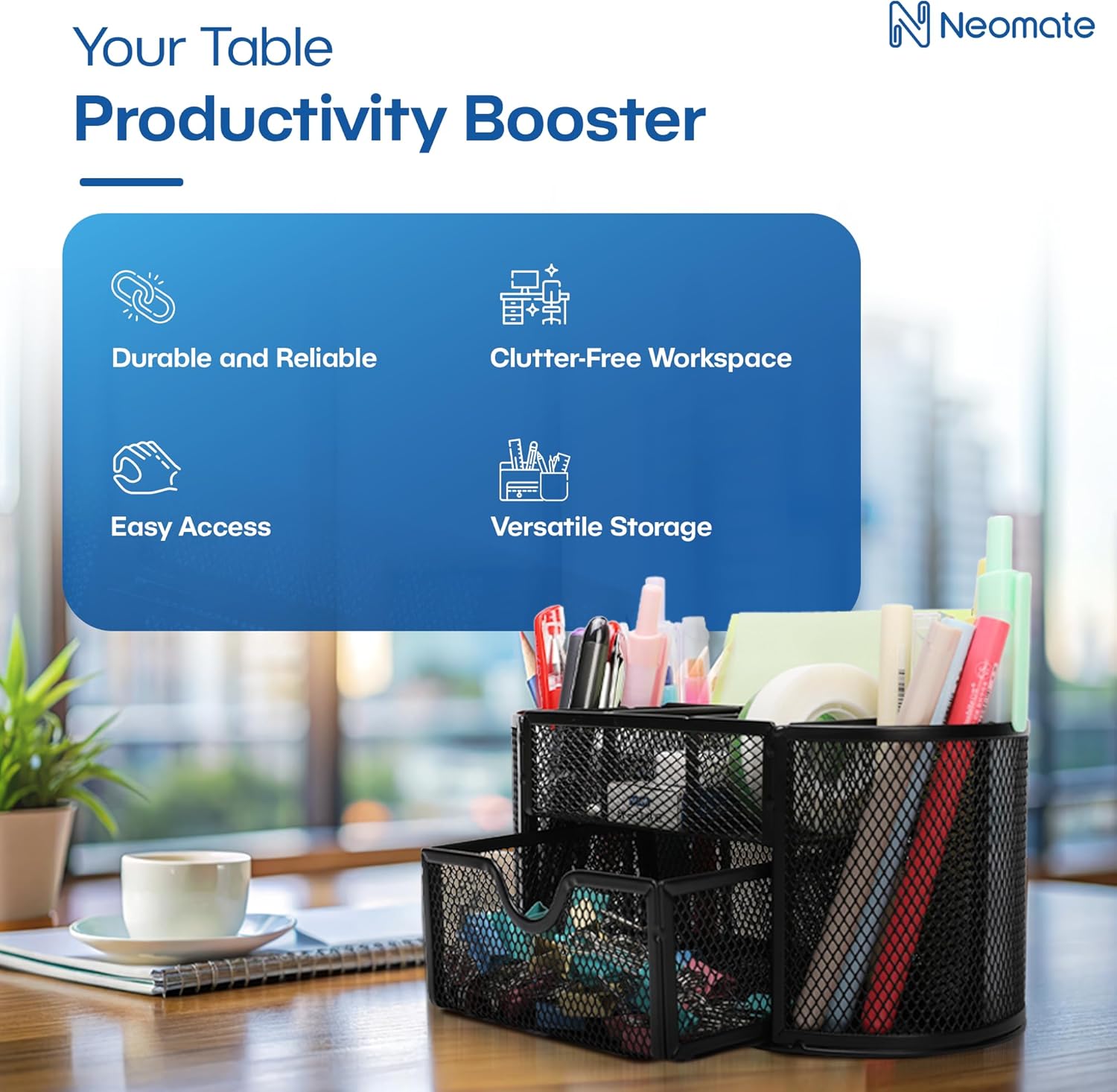 Metal Mesh Desk Organizer|Durable Office Supplies Caddy with Drawer for Home & Office|Desktop Organizer & Décor|Black, Drawer Organizers