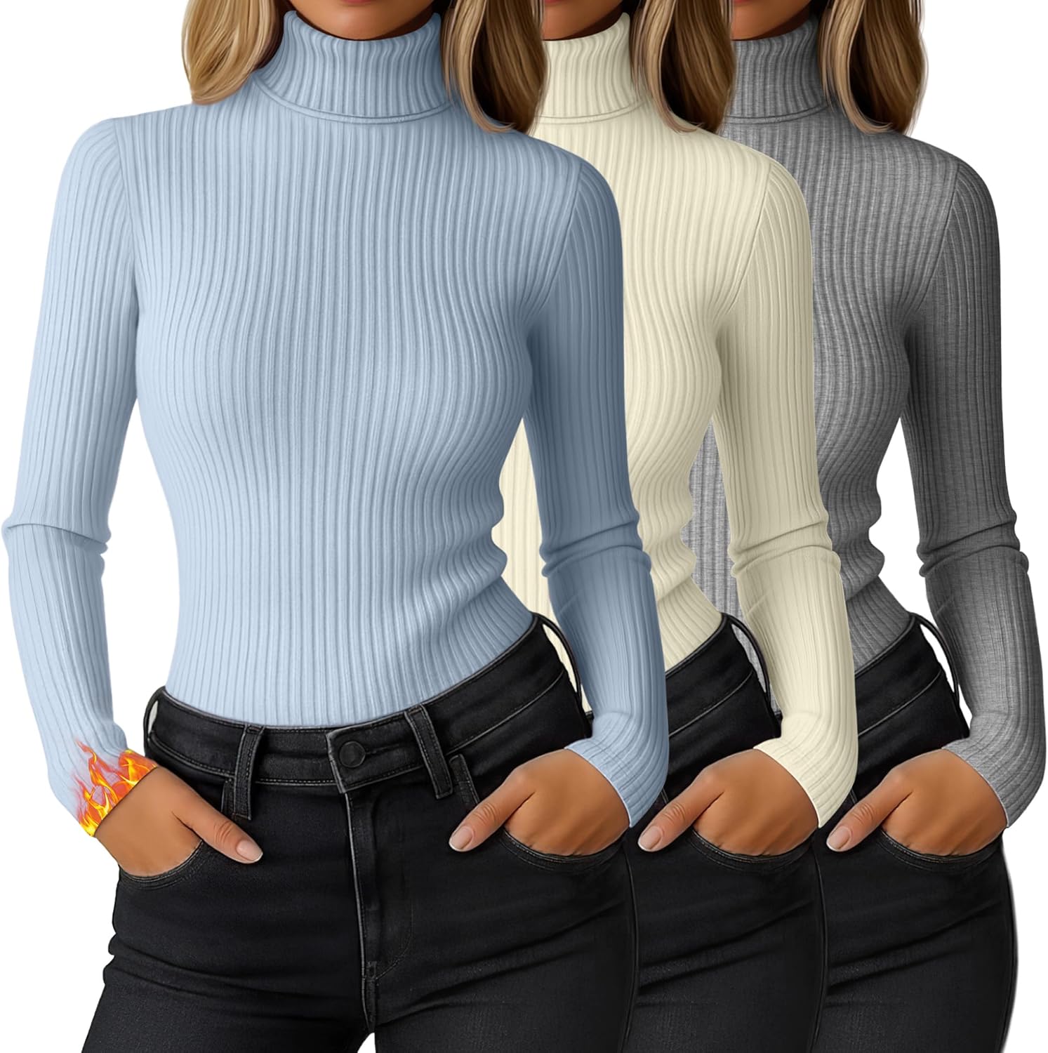 Ficerd 3 Pack Women's Ribbed Thermal Turtleneck Tops Long Sleeve Stretch Shirts Knitted Fitted Lightweight Base Layer