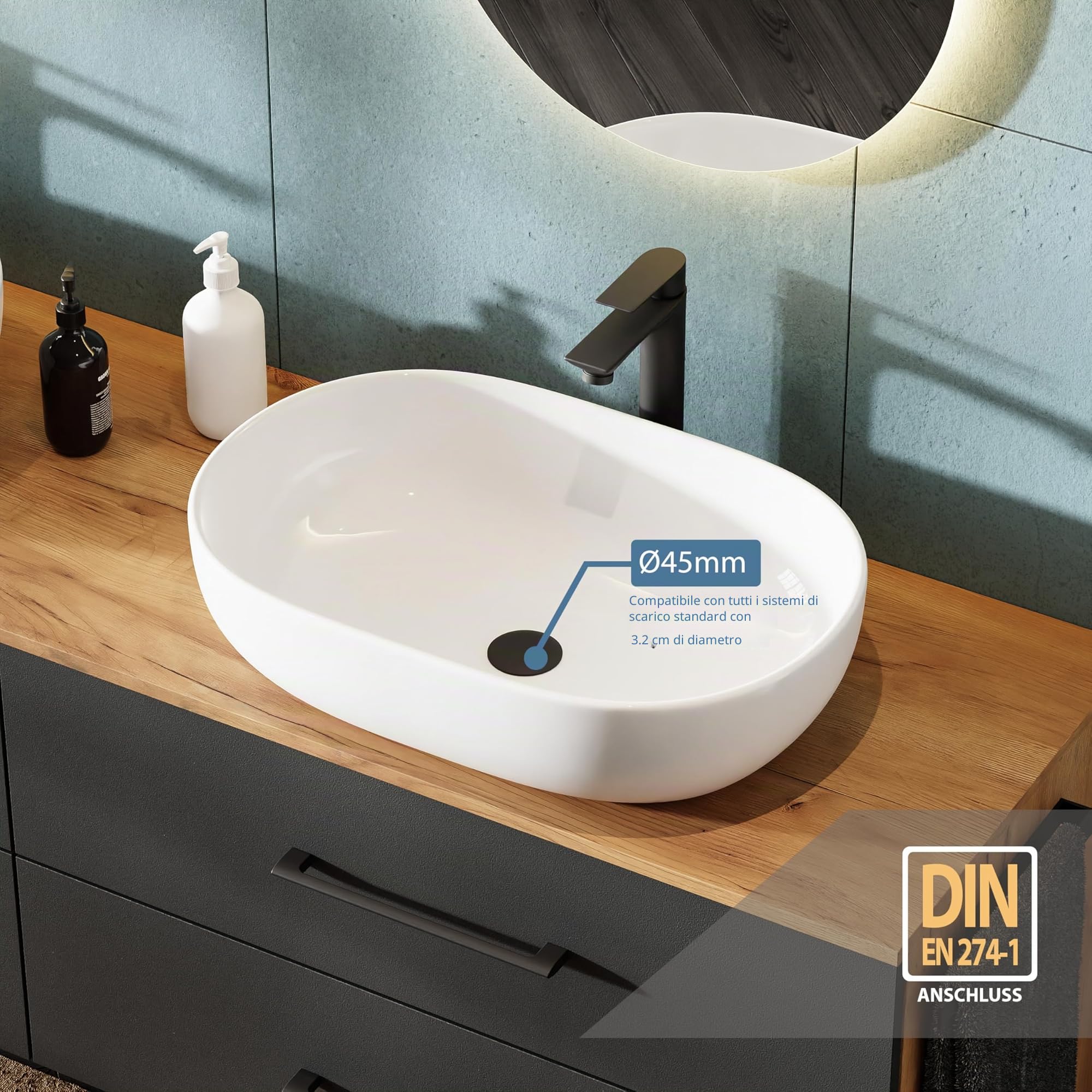 Planetmöbel Lux Set di mobili da bagno con lavabo sospeso da 170 cm e 2 lavabi da appoggio da 60 cm di colore bianco, mobili in rovere dorato/antracite