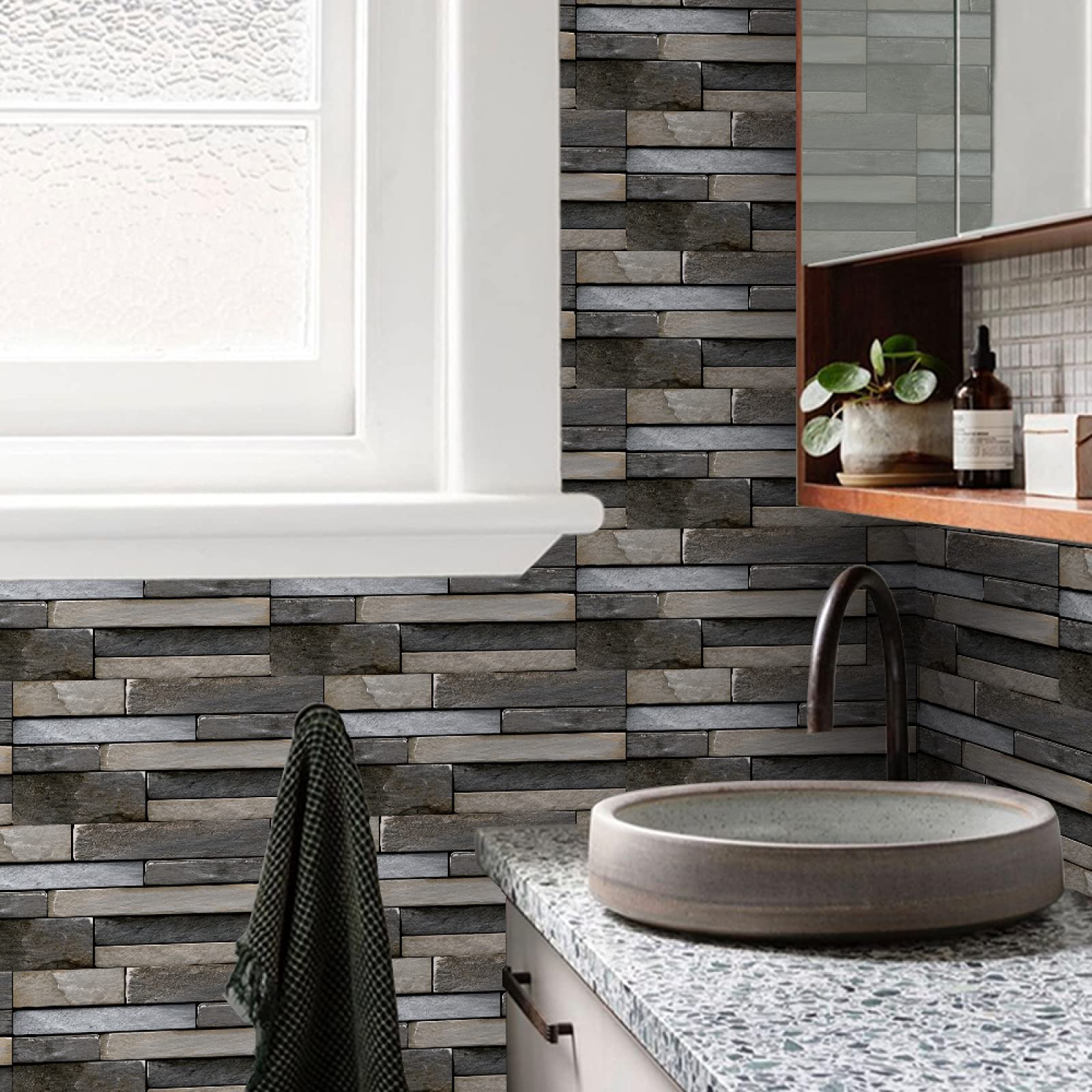 Baldosas Adhesivas Brillo Retro Marrón Gris Suelo Vinilo Autoadhesivo Vinilo Impermeables Panel Revestimiento Ducha para Baño Cocina Gabinete Muebles Decoración Azulejos Adhesivos 30x15cm /24 Piezas