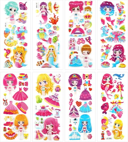 BOXOB Calcomanías hinchadas para niños, más de 130 calcomanías 3D, sirena, vestido, concha, rosa, azul, dibujos animados, uso en interiores