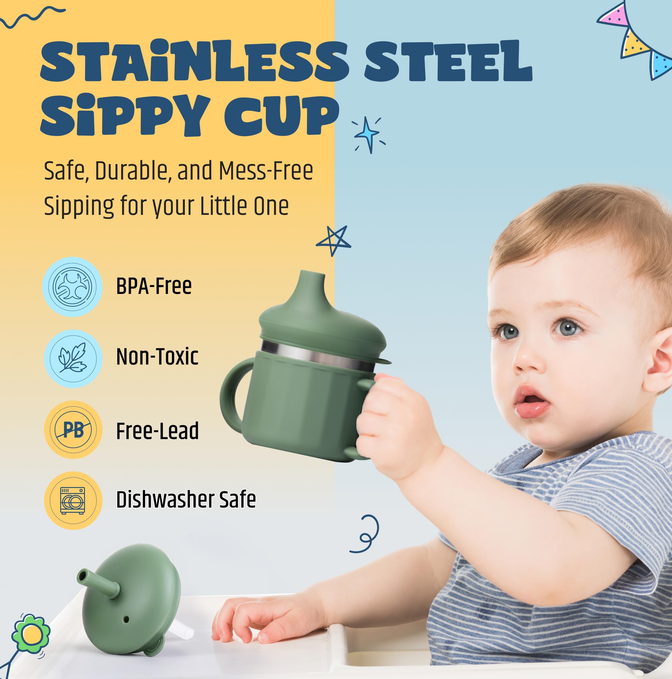 Jumble Dream Stainless Steel Sippy Cup, Silicon Training Stainless Steel Kids Cups with Straw, Toddler Tumbler with Spill Proof Straw - Image 2