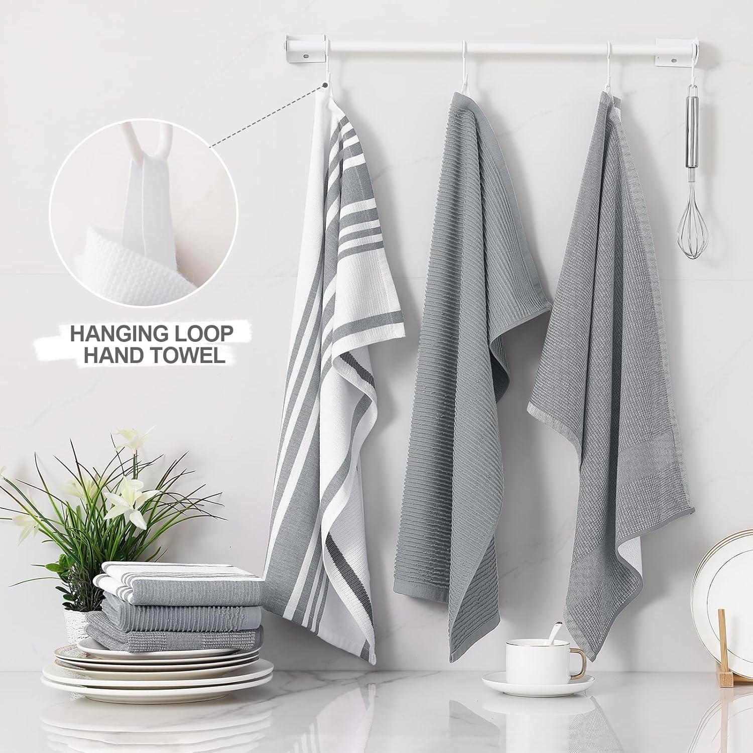 Homaxy Premium Kitchen Towels(18”x 28”, 6 Pack), Large Cotton 380 GSM Kitchen Hand Towels, Soft and Absorbent Terry Dish Towels, Multipurpose Tea Towel Set with Hanging Loop, Grey - Image 3