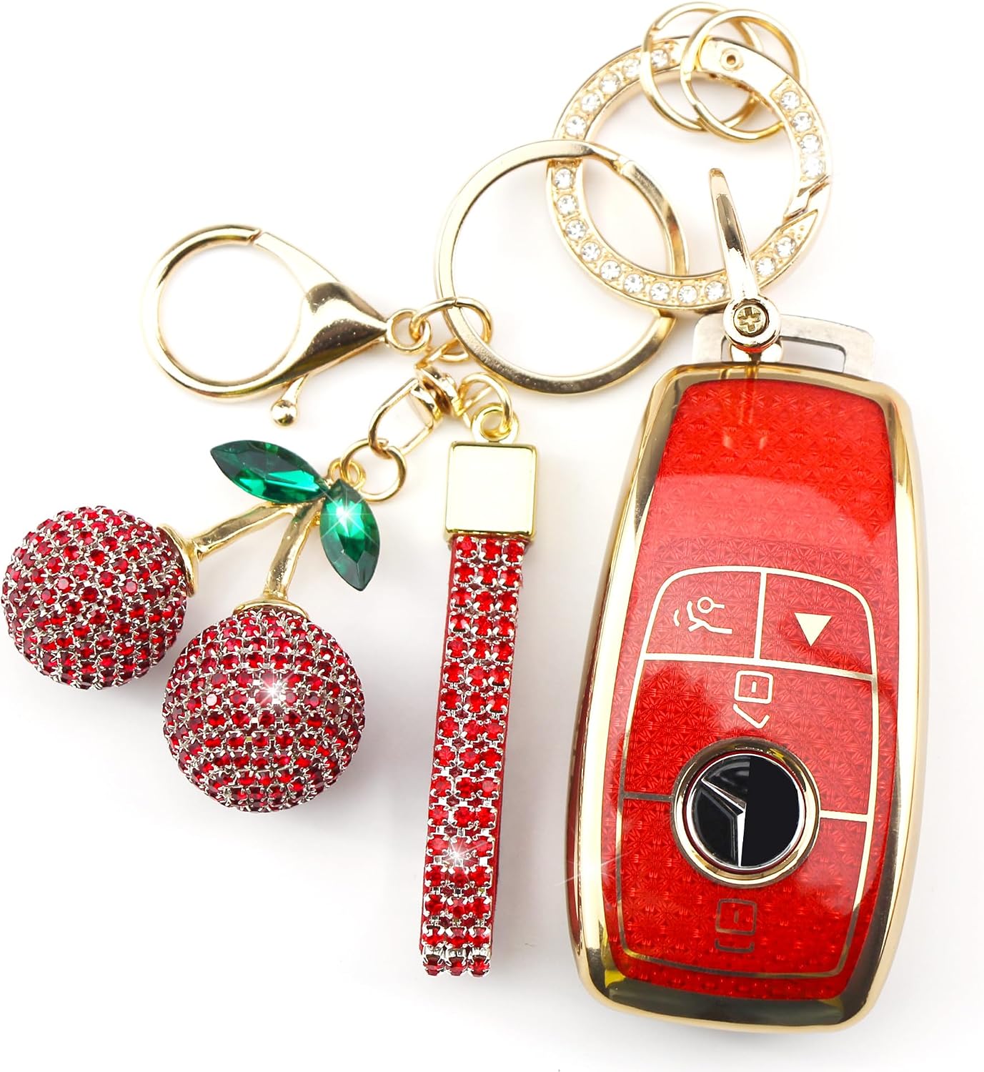 Sparkly Key Fob Cover with Cherry Keychain, Bling TPU Smart Key Case for Women, Compatible with Benz E, S, C, G, A Class CLA CLS GLA GLC GLE GLS SLC SL GLK GL SLK GT (4-Button, Gold Pink)