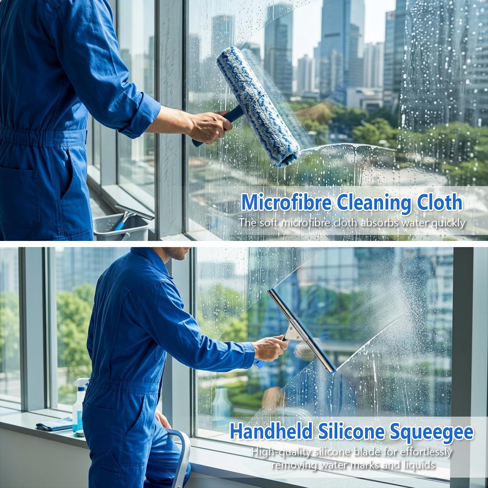 Fensterreiniger Set mit 12L Eimer, Profi Fensterputzer mit 35CM Fensterwischer & Fenster Einwascher, 5-teiliger Montagestiel, Mikrofasertuch, Fensterreinigungsset für Fenster, Glas, Dusche und Haus