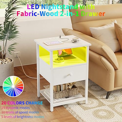 Miniatura 6 de Juego de 2 mesitas de noche LED con estación de carga, mesitas de noche con puertos USB y tomacorrientes, mesa auxiliar con cajón 2 en 1 de madera