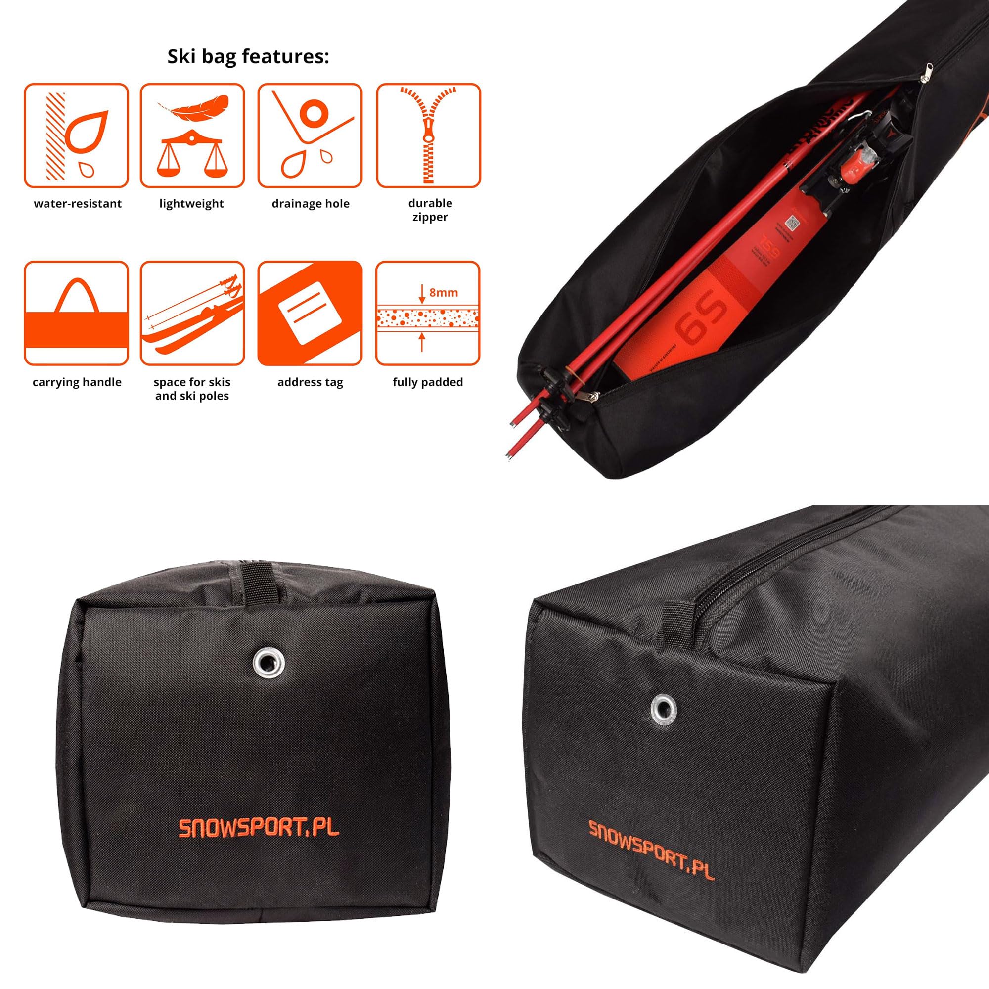 SnowSport Prestige Double sac de ski pour 2 paires de bâtons de ski et bâtons de ski – Très épais – Convient pour les voyages en avion, en bus, en voiture