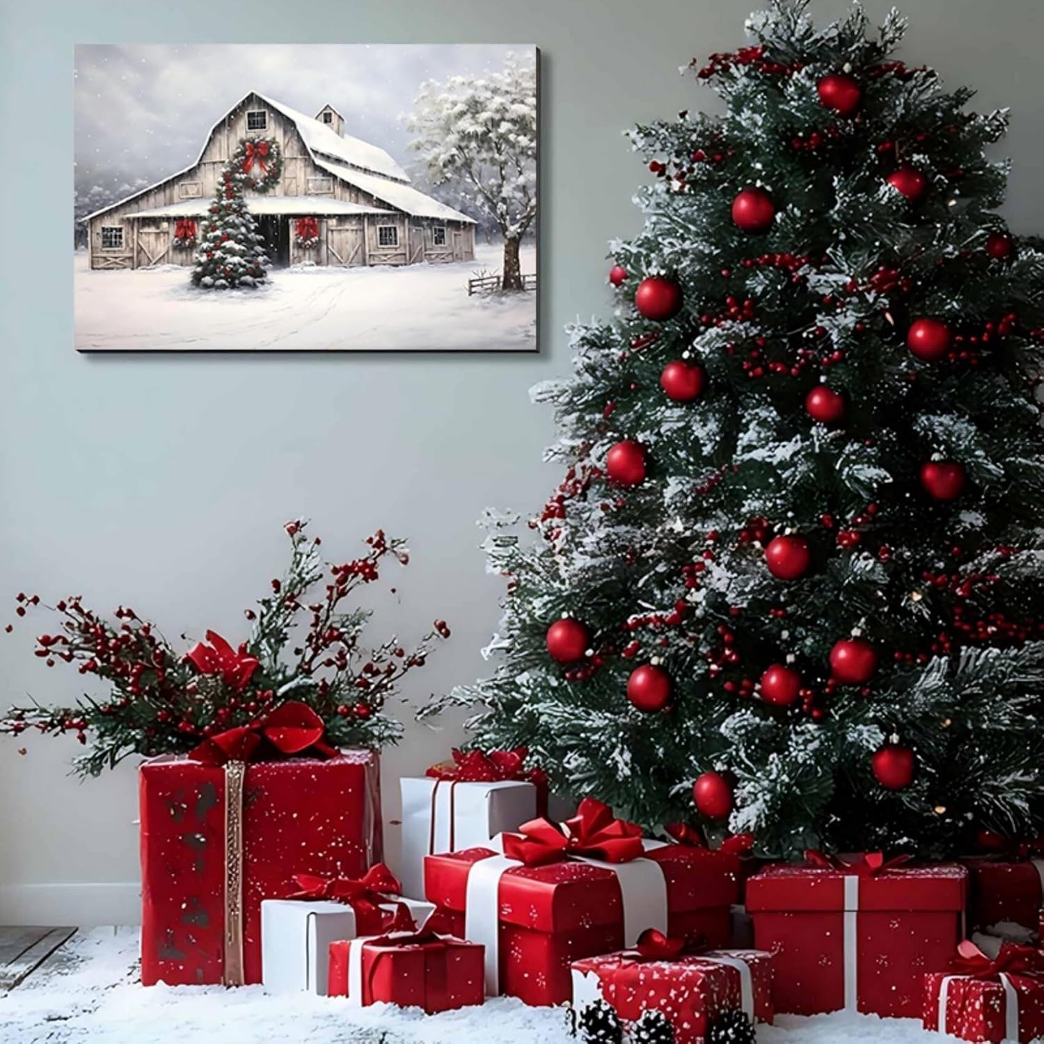 Framed Christmas Wall Art 24x36inch, Farmhouse Barn Pictures Wall Decor Winter snow Scene Canvas Painting Print Home Artwork Decorations for Bathroom Living Room Bedroom