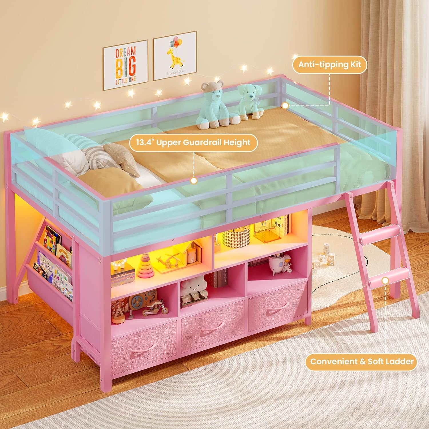 BTHFST Low Loft Bed Twin Size with 3 Storage Drawers, 3-Tier Kids Bookshelf, 5 Open Cubbies and 2 LED Lights Strips, Metal Kids Loft Bed with High Safety Guardrail, Inclined Ladder and Play Area