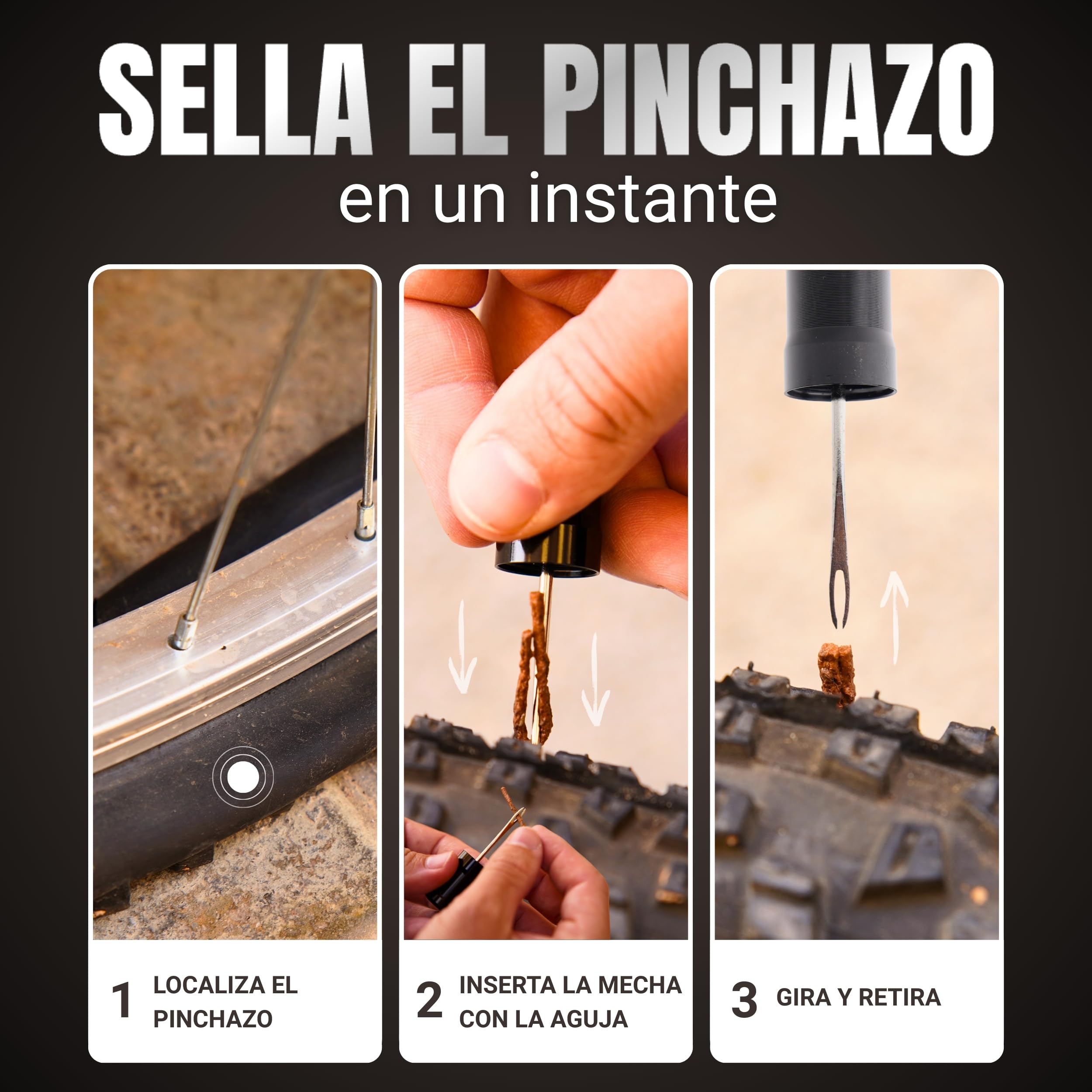 Kit Repara Pinchazos para Bicicletas, incluye Kit Reparador, 15 Mechas y Topes para colocarlo en tu Manillar, Compacto, muy Ligero y Duradero. Apto para todo tipo de Cubiertas sin Cámara, Tubeless.