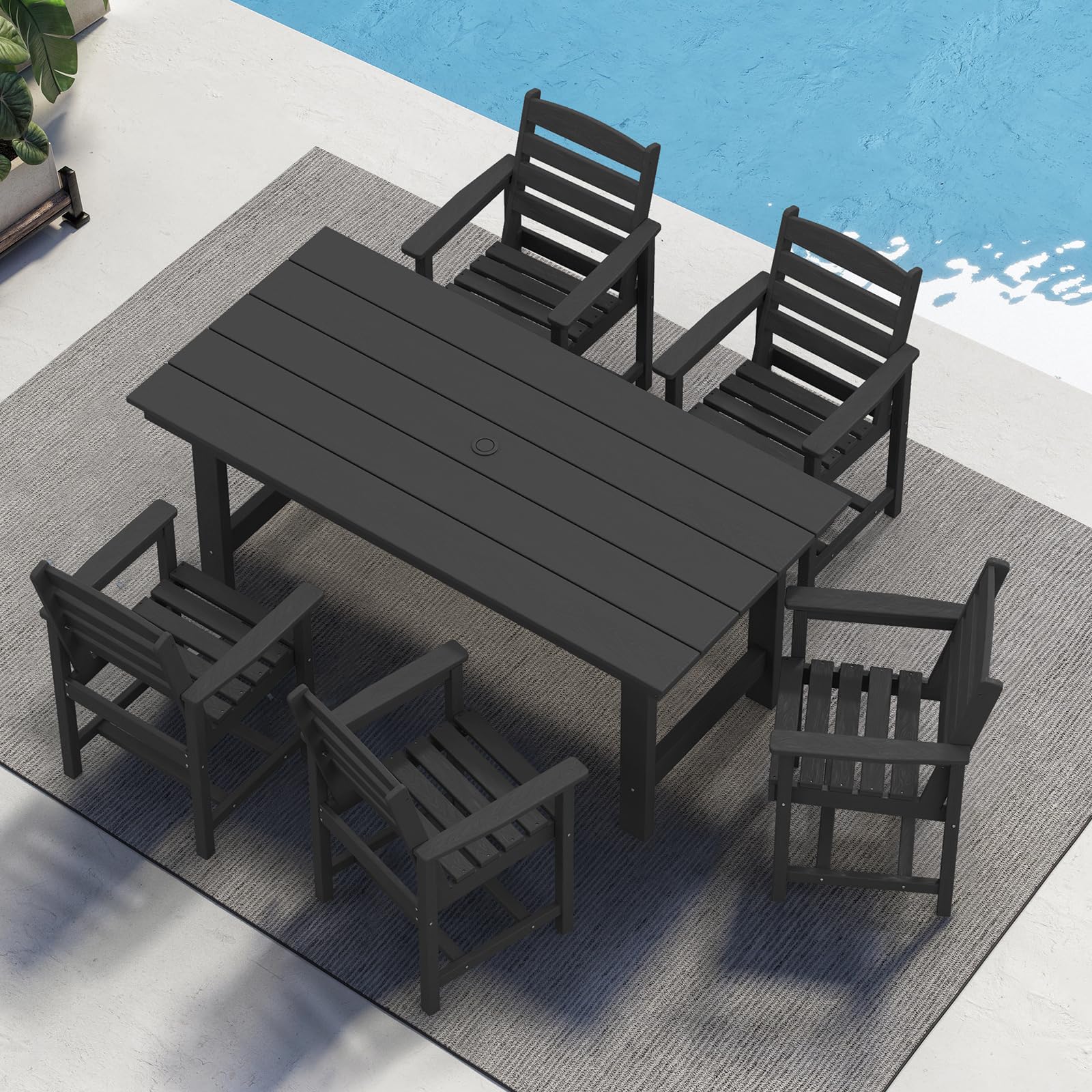 SERWALL Patio Dining Table Sets 5-Piece, Outdoor HDPE Dining Furniture Set with Umbrella Hole Cut-Out Table and 4 Chairs, All Weather Dining Set for Lawn, Garden, Backyard, Poolside, Black