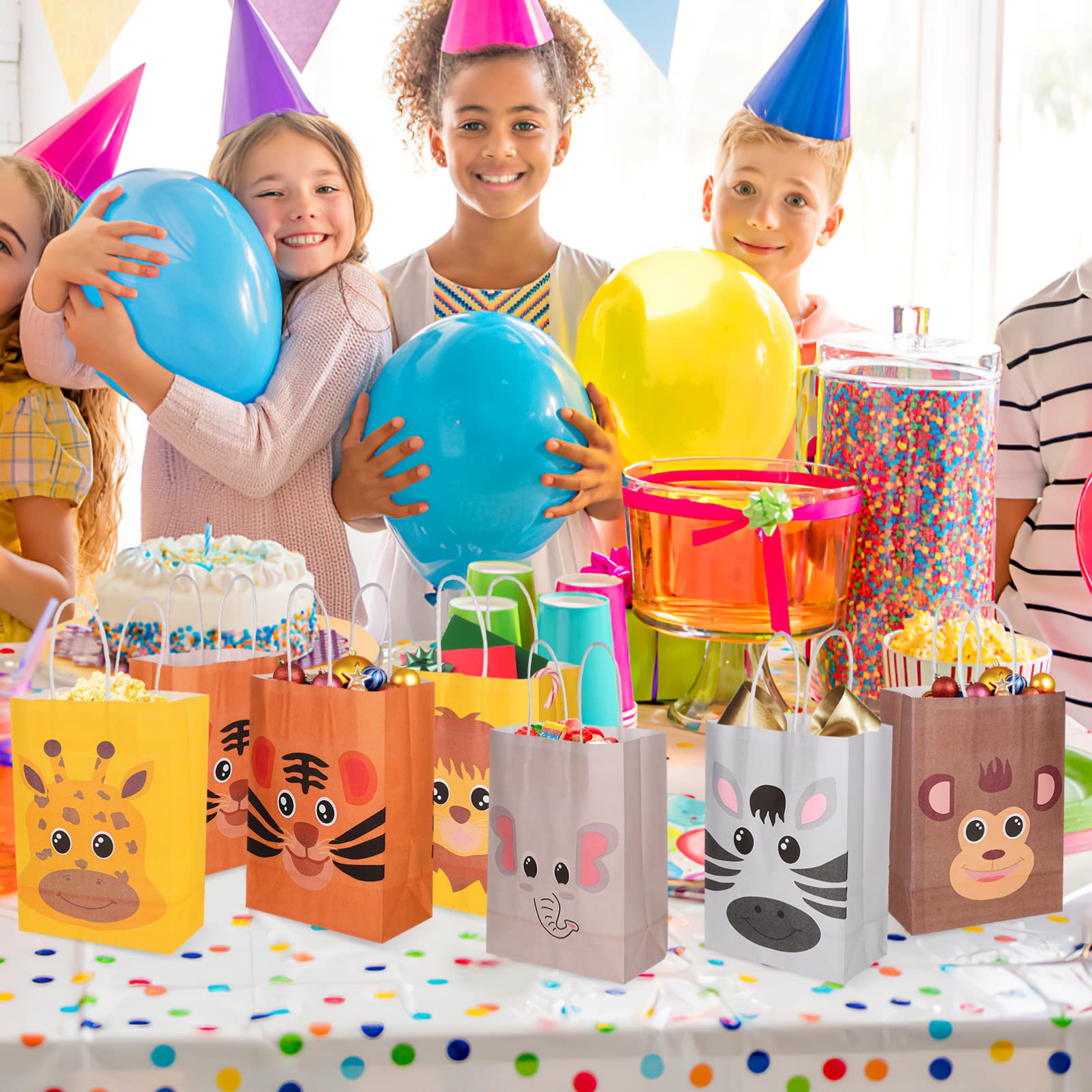 Operitacx 24 Sacchetti Regalo in Carta Kraft Manici, Decorazione Animali per Feste di Compleanno Bambini, Formato Medio 21x15x8cm, Shower e Ringraziamenti