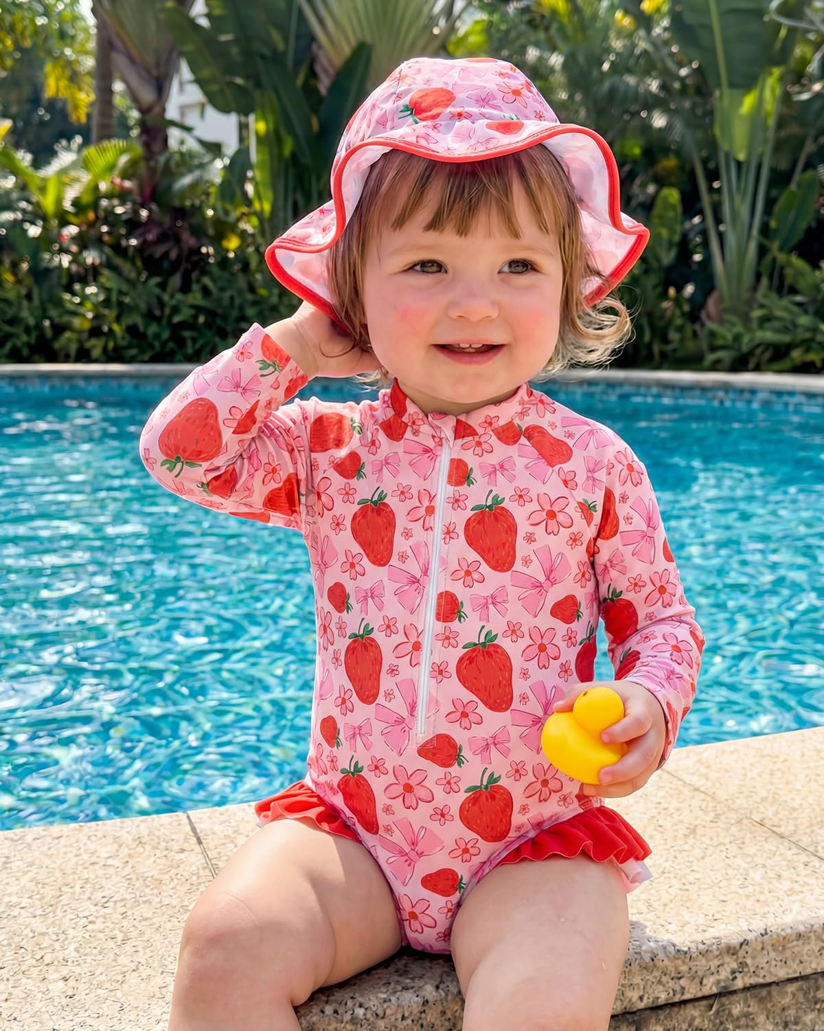 JiAmy Costume da bagno per bambina, con cappello da sole, a maniche lunghe, protezione UV, costume da bagno