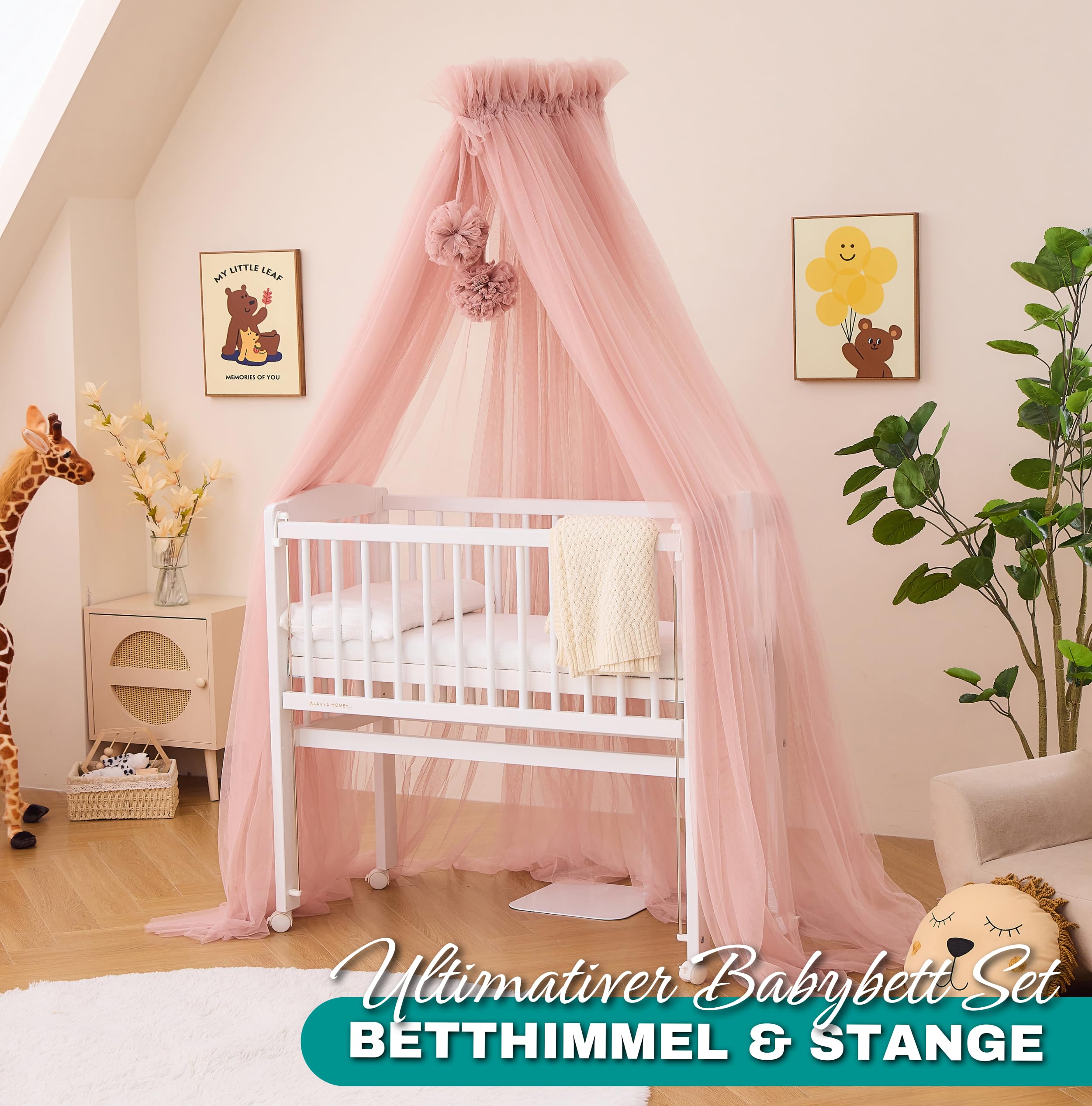 ALAVYA HOME® Dosel de tul 120 cm para cuna, mosquitera con pompones y barra, decoración para bebé, protege y encanta durante el sueño (rosa)