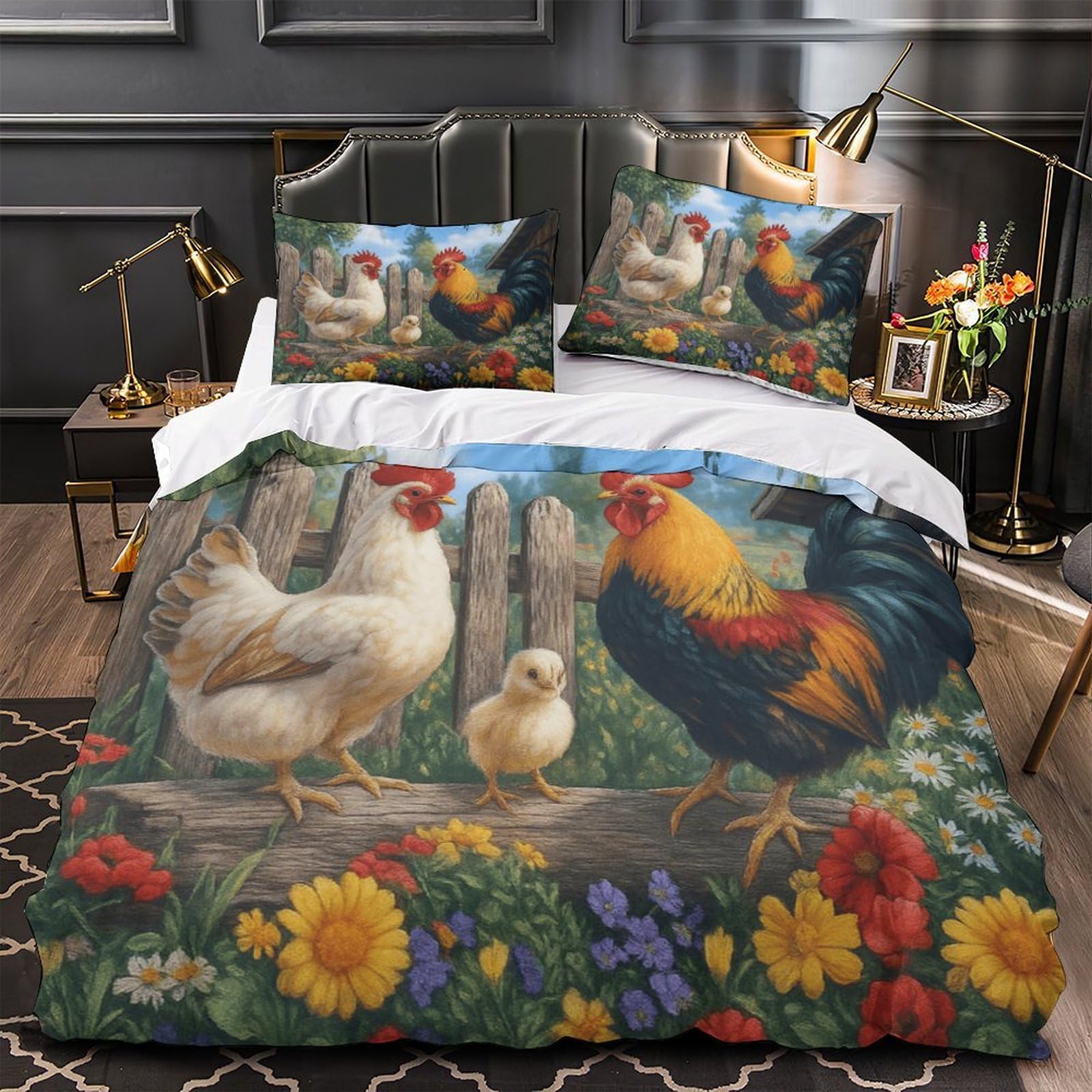 MMDASBVPE Farm Chicken Scene Quilt Cover 3D Design Printed Premium 3 Pieces Bed Linen Zipper Closure Comforter Cover Soft Easy Care for Kids Youth Teenagers Adults Women Girls Double（200x200cm）
