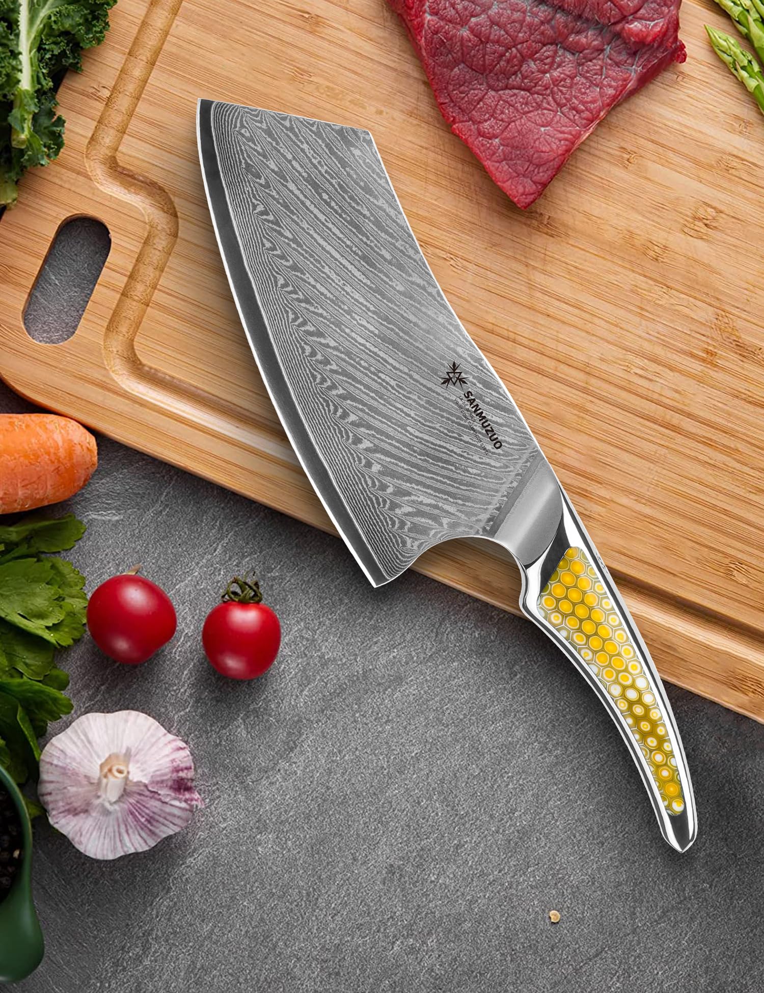 Coltello Nakiri da 18CM, coltello da carne giapponese in acciaio damasco VG-10, coltello da verdura ultra affilato con impugnatura a codolo intero in resina Giallo, serie LA-S9