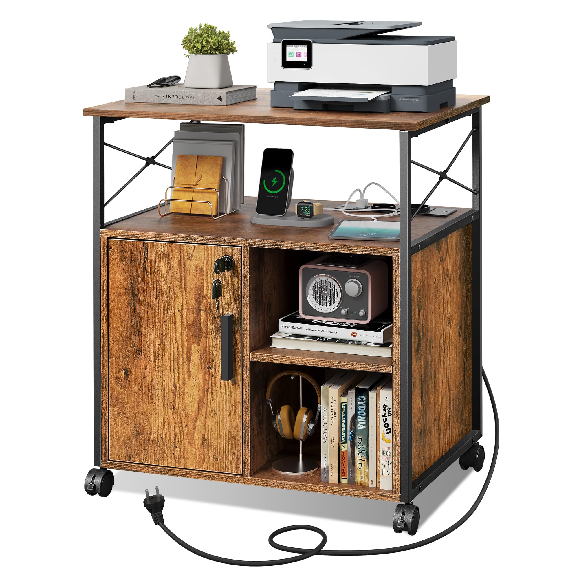 DEVAISE Caisson Bureau Mobile avec Station de Recharge - Meuble Imprimante Verrouillable à roulettes pour Bureau Domicile - Rangement A4, Étagères Réglables,Brun Bois