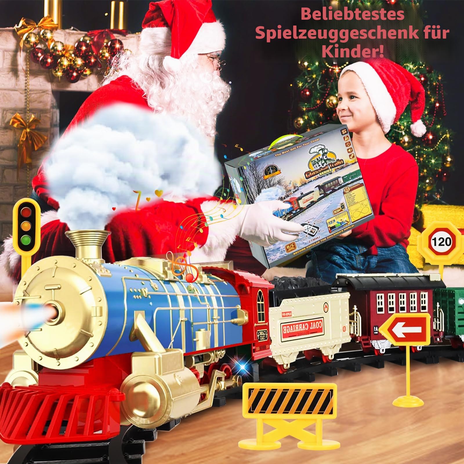 Ulikey Elektrischer Zug für Kinder, Spielzeugeisenbahn Mit Rauch, Licht und Sound, Eisenbahn Elektrisch Groß Mit Schienen, Weihnachtszug um den Baum, Dampfzug Geschenk Ab 3 Jahren
