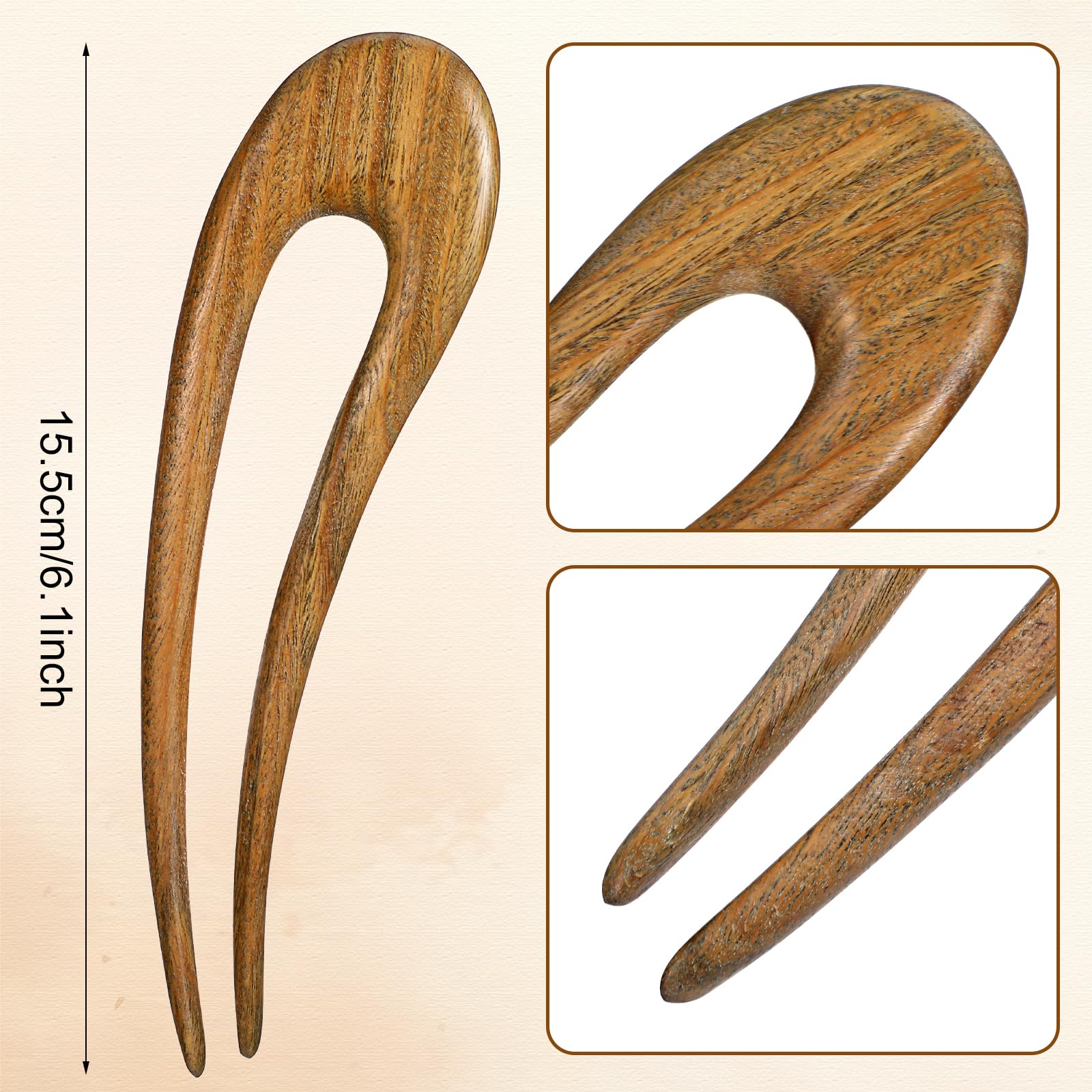 Paquete de 2 horquillas de madera francesas para el pelo para mujer, palitos de madera en forma de U, pinzas vintage para moño