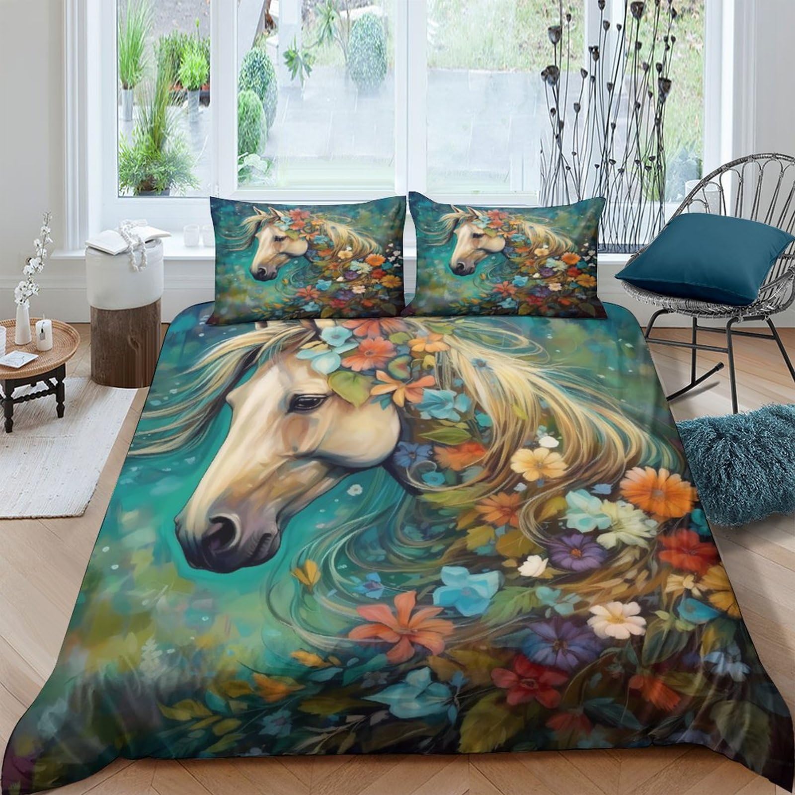 Parure fleurs et chevaux housse de couette imprimé animalier chic